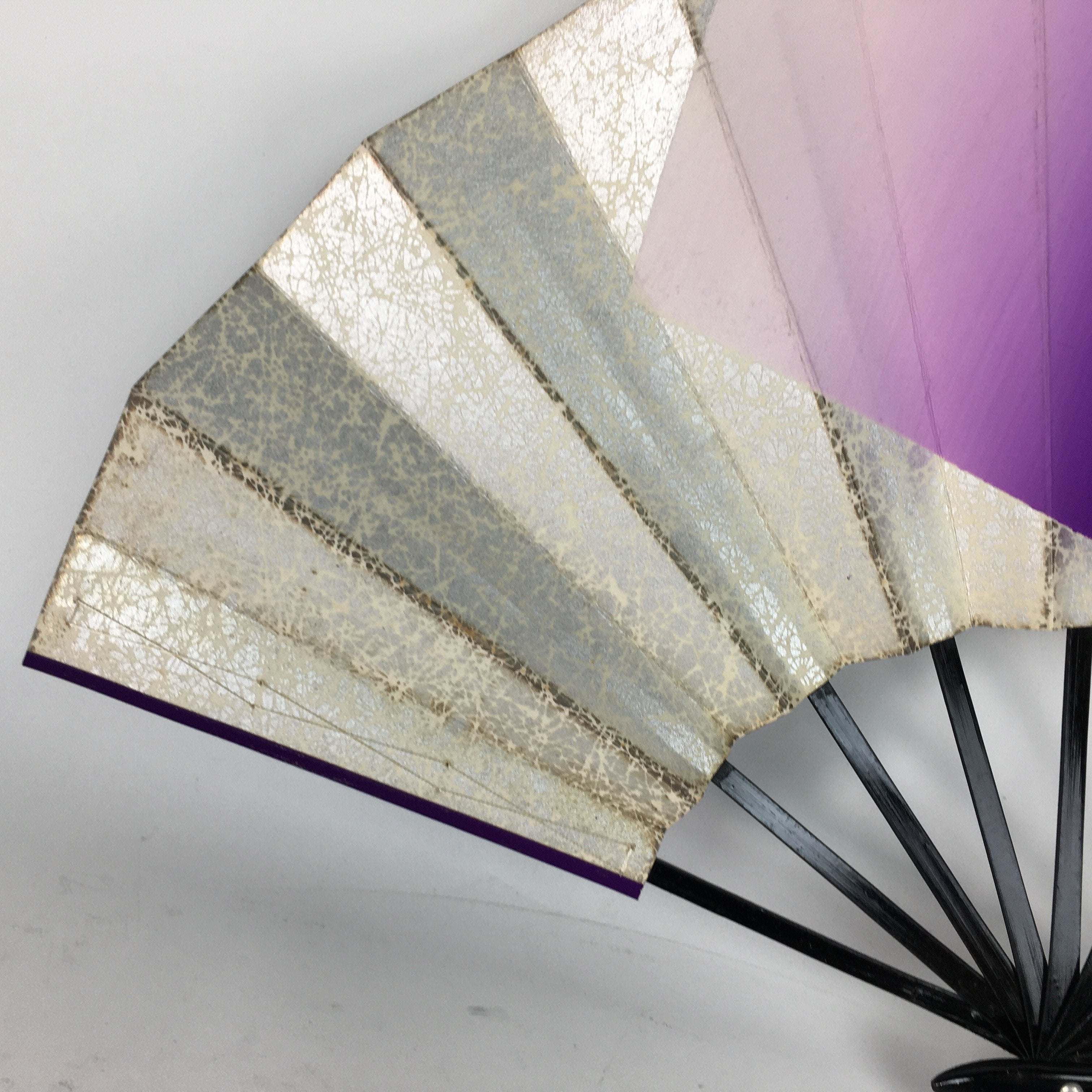 Japanese Folding Fan Vtg Sensu Paper Bamboo Frame Purple Silver Gold 4D491