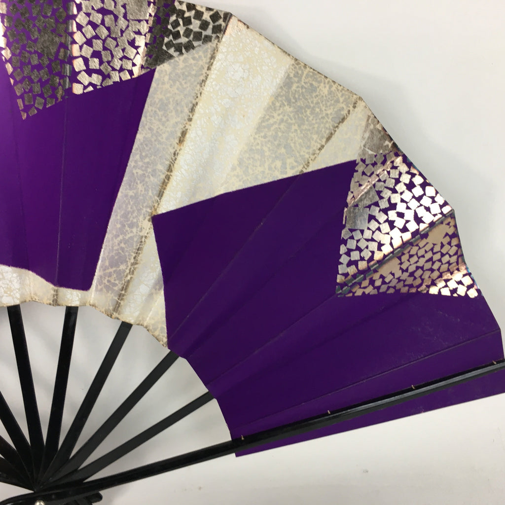 Japanese Folding Fan Vtg Sensu Paper Bamboo Frame Purple Silver Gold 4D491