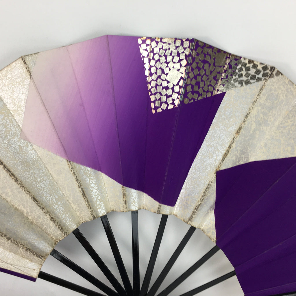 Japanese Folding Fan Vtg Sensu Paper Bamboo Frame Purple Silver Gold 4D491