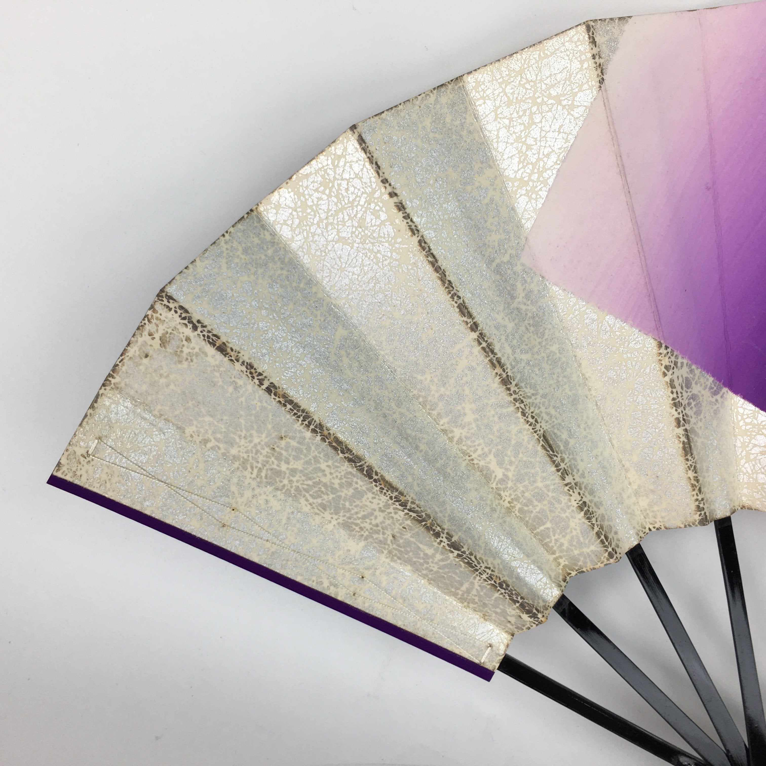 Japanese Folding Fan Vtg Sensu Paper Bamboo Frame Purple Silver Gold 4D491