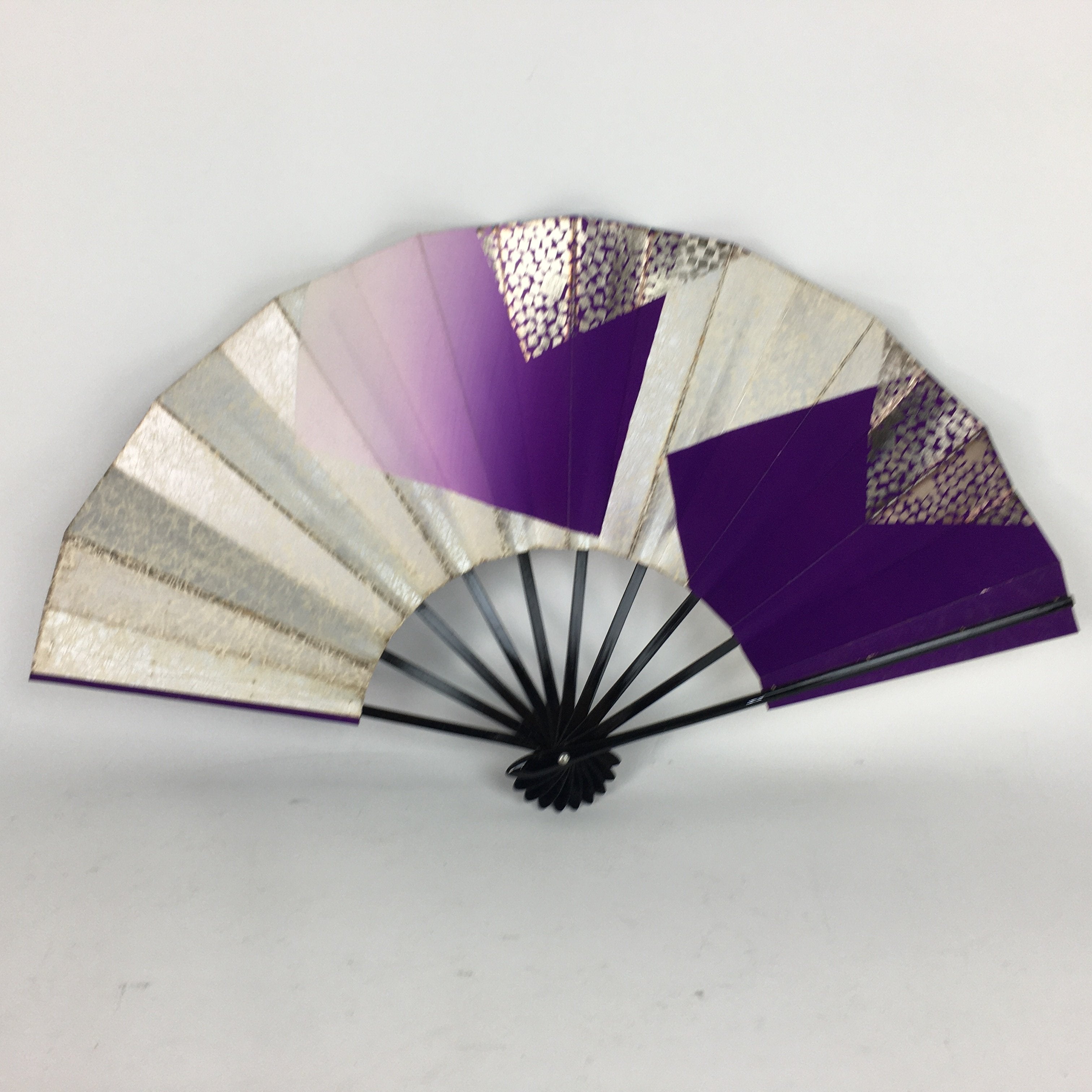 Japanese Folding Fan Vtg Sensu Paper Bamboo Frame Purple Silver Gold 4D491