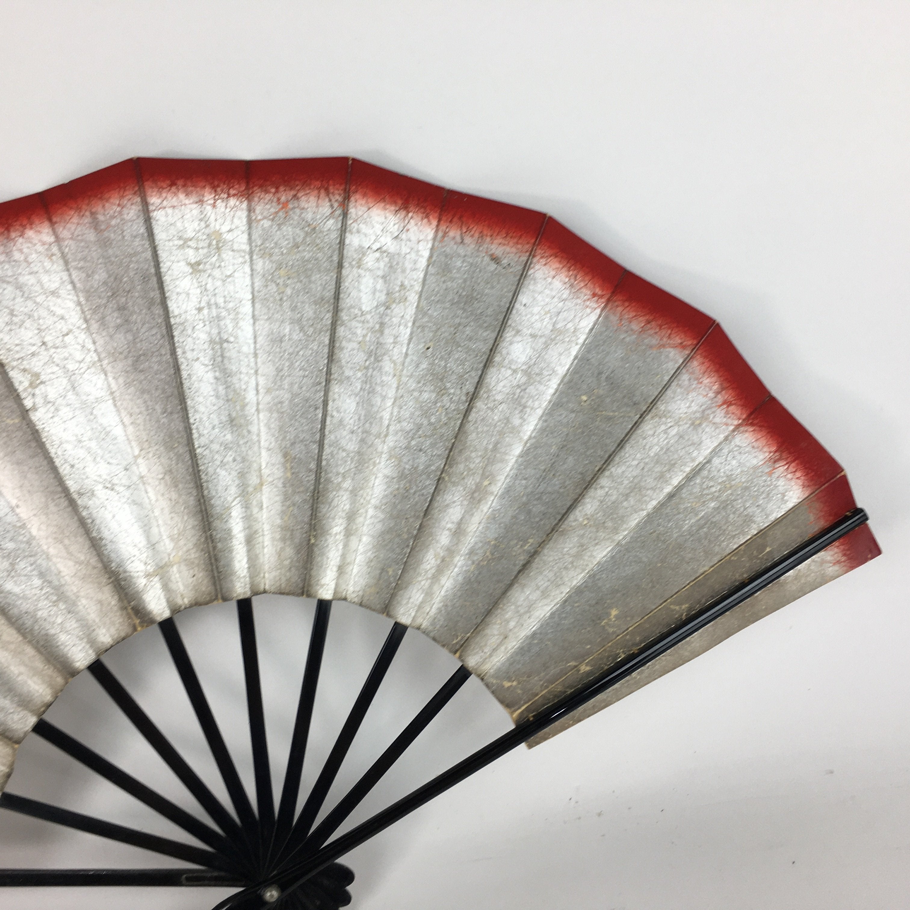 Japanese Folding Fan Vtg Sensu Paper Bamboo Frame Silver Red Edge 4D512