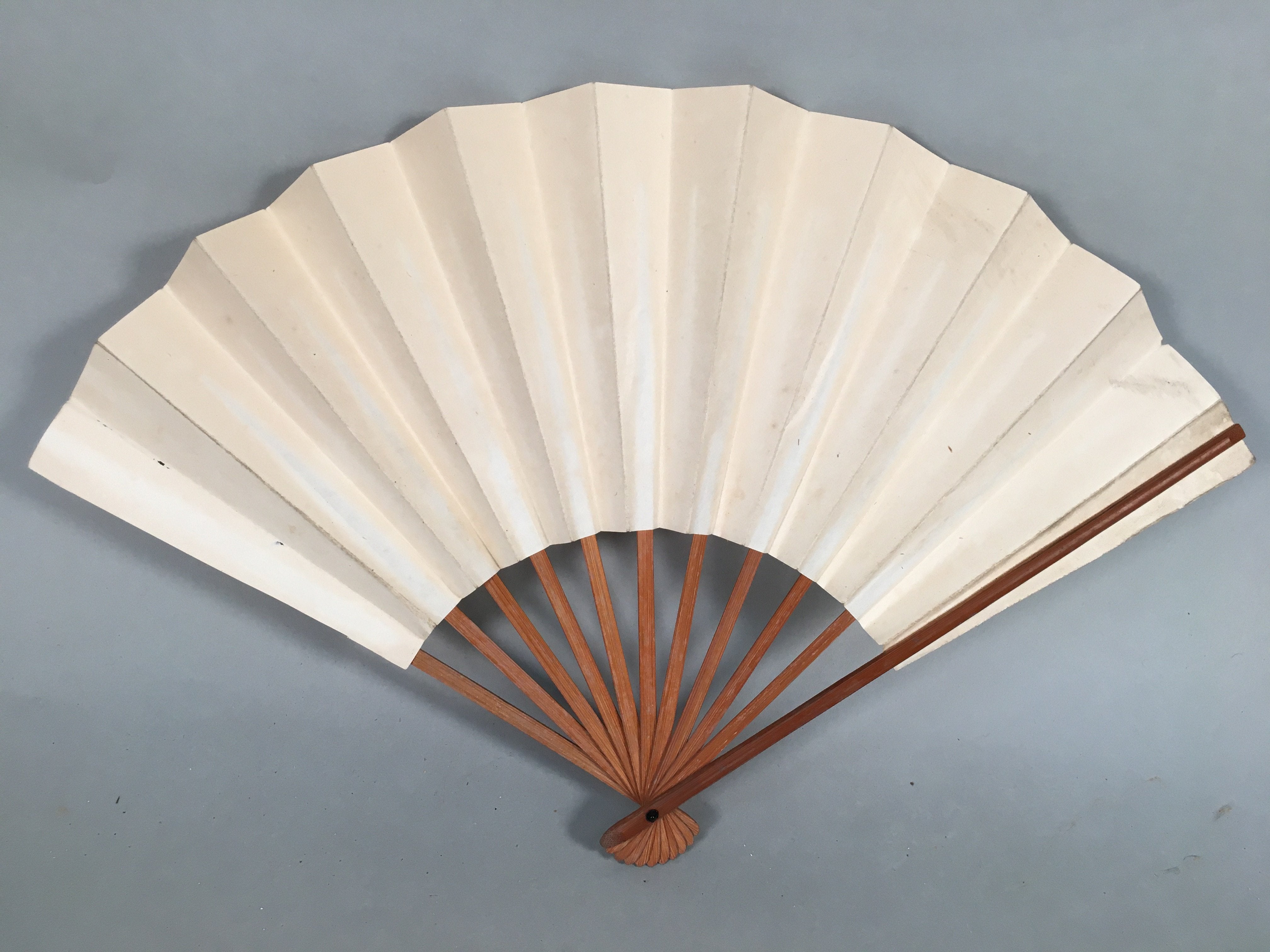 Japanese Folding Fan Vtg Sensu Paper Wood Frame Plain Beige White 4D476