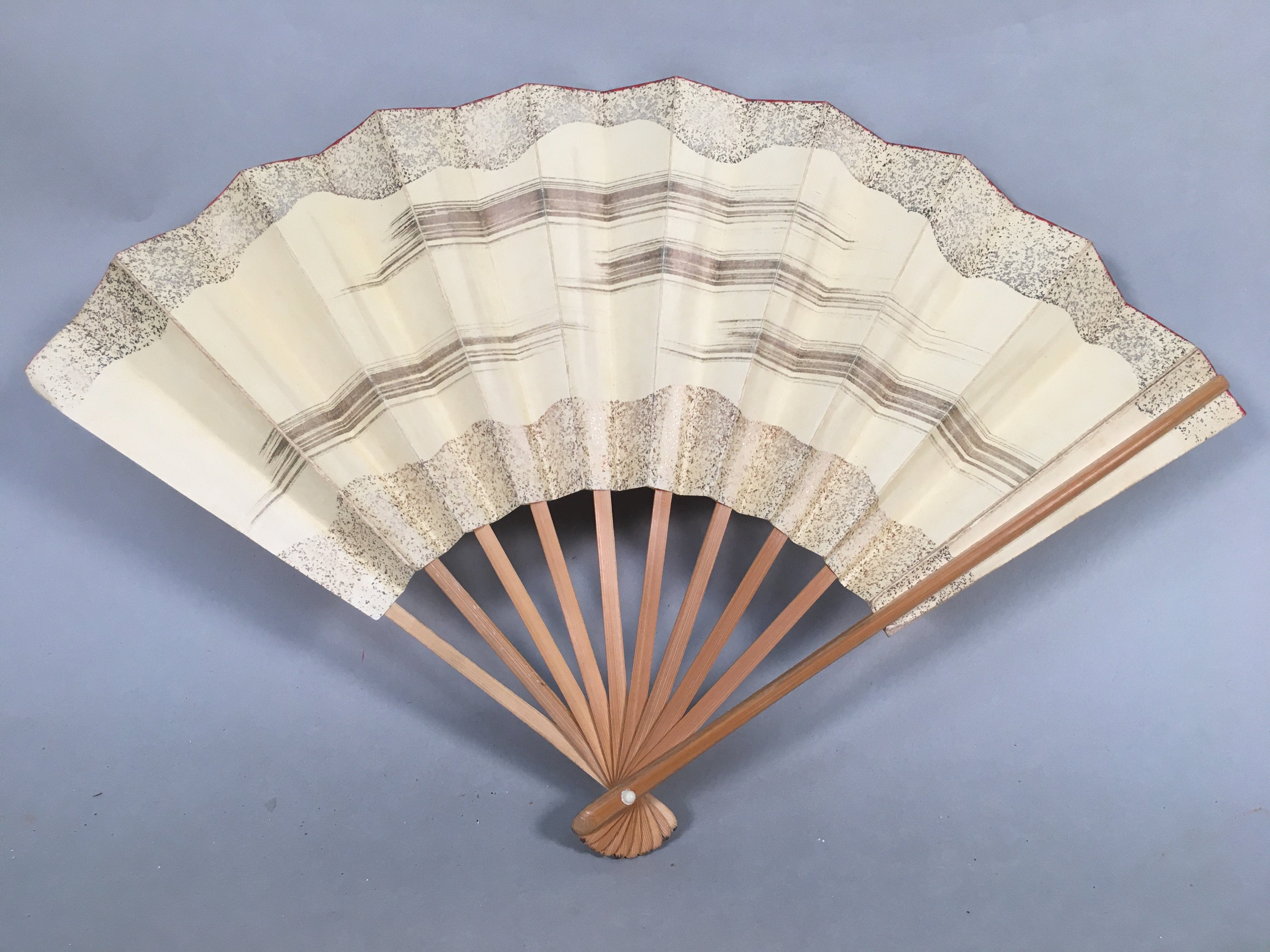 Japanese Folding Fan Vtg Sensu Paper Wood Frame Wave Glitter Brush 4D451