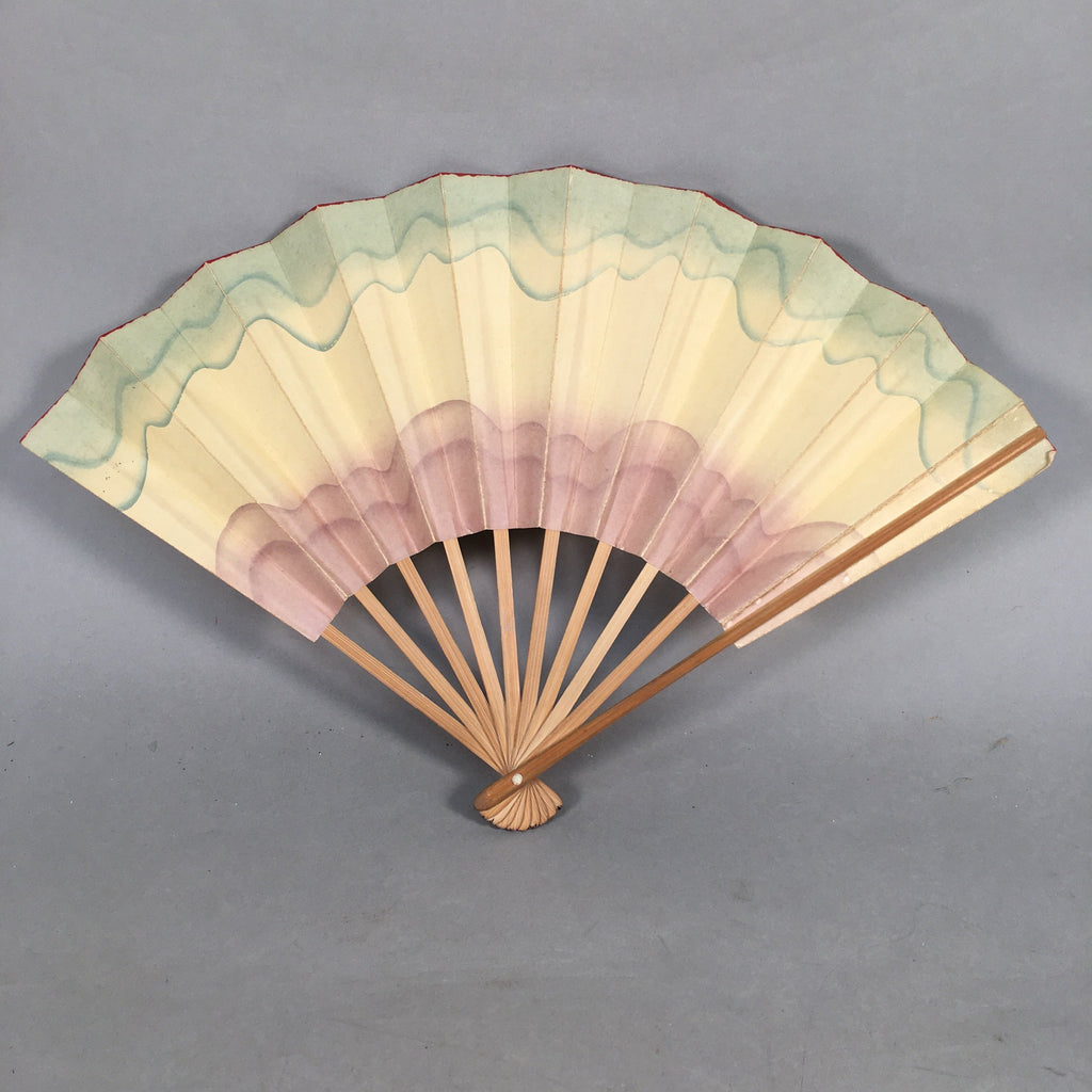 Japanese Folding Fan Vtg Sensu Paper Wood Frame Wave Glitter Brush 4D451