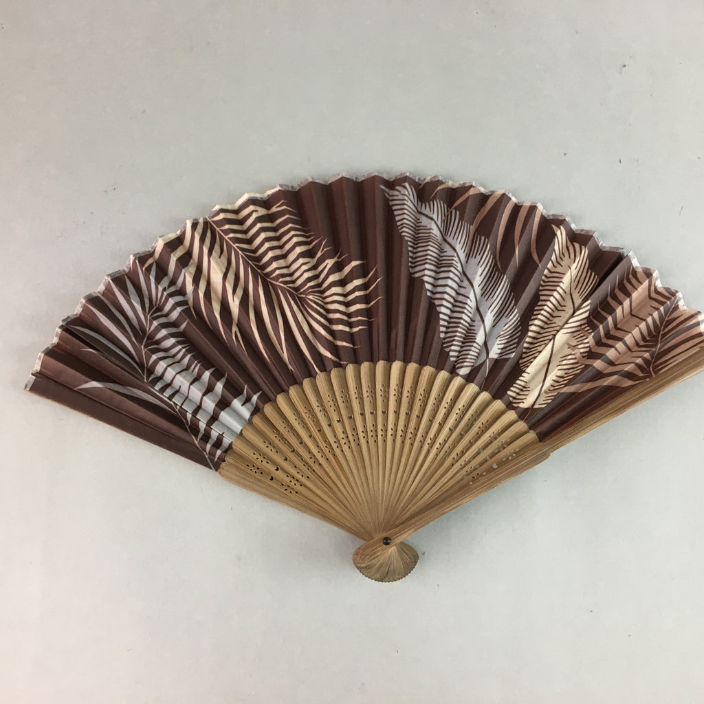 Japanese Folding Fan Vtg Sensu Polyester Bamboo Frame Palm Tree 4D417