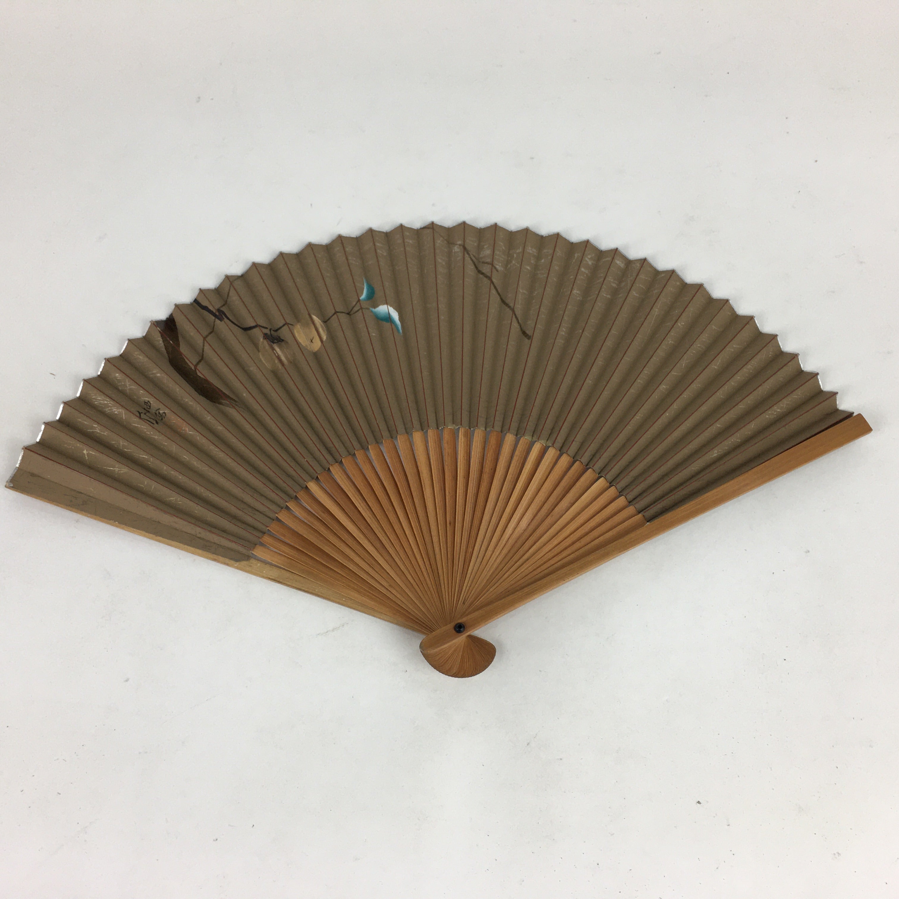 Japanese Folding Fan Vtg Sensu Vtg Paper Bamboo Frame Persimmon 4D531