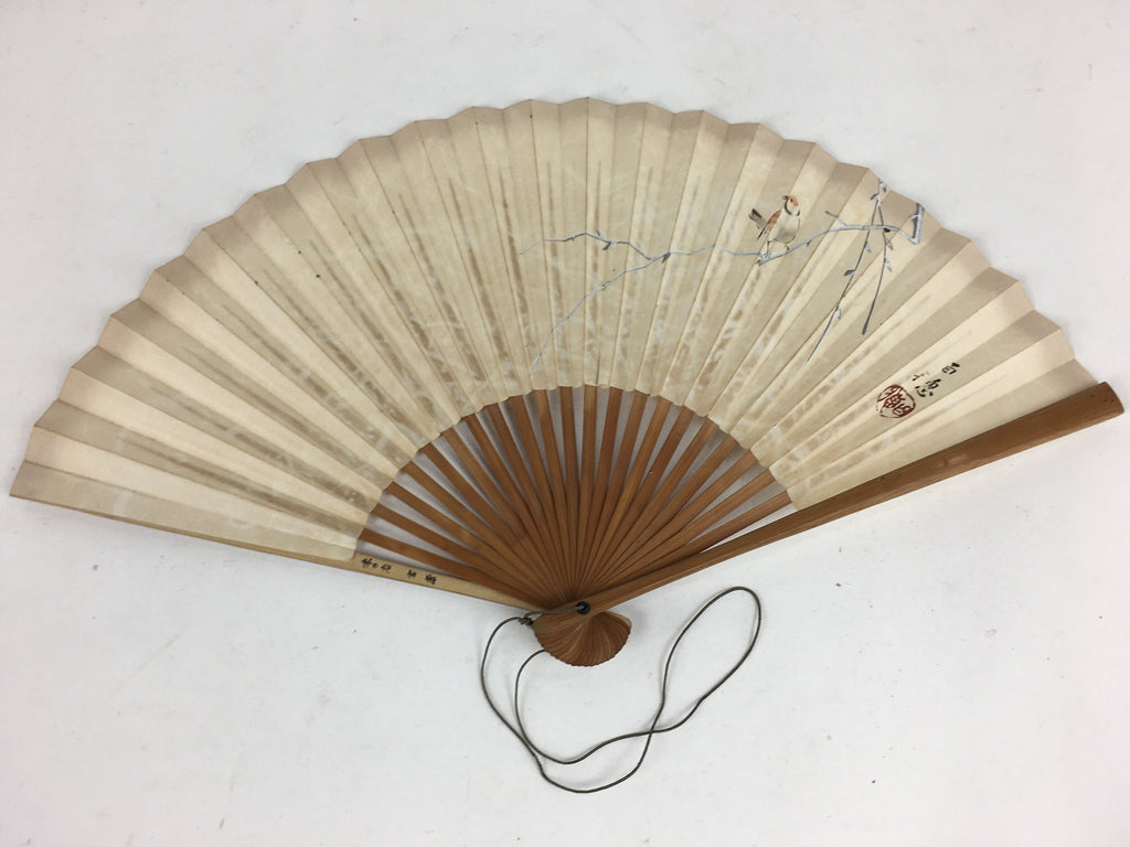 Japanese Folding Fan Vtg Sensu Vtg Paper Bamboo Frame Sparrow 4D548