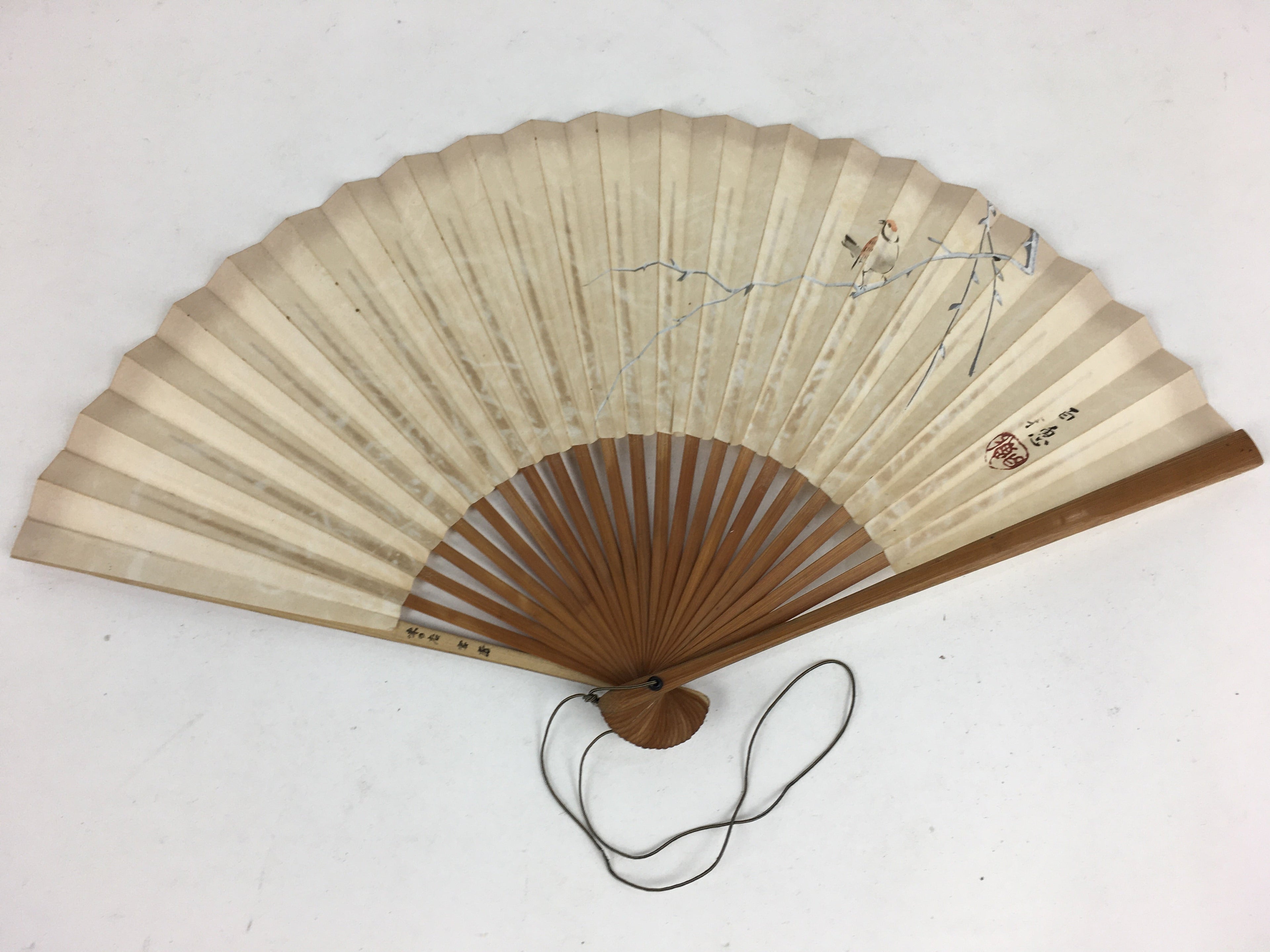Japanese Folding Fan Vtg Sensu Vtg Paper Bamboo Frame Sparrow 4D548
