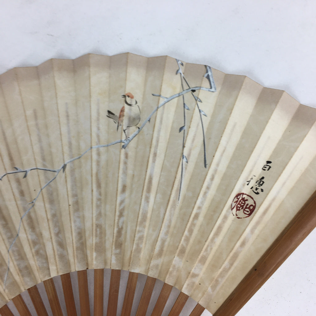 Japanese Folding Fan Vtg Sensu Vtg Paper Bamboo Frame Sparrow 4D548