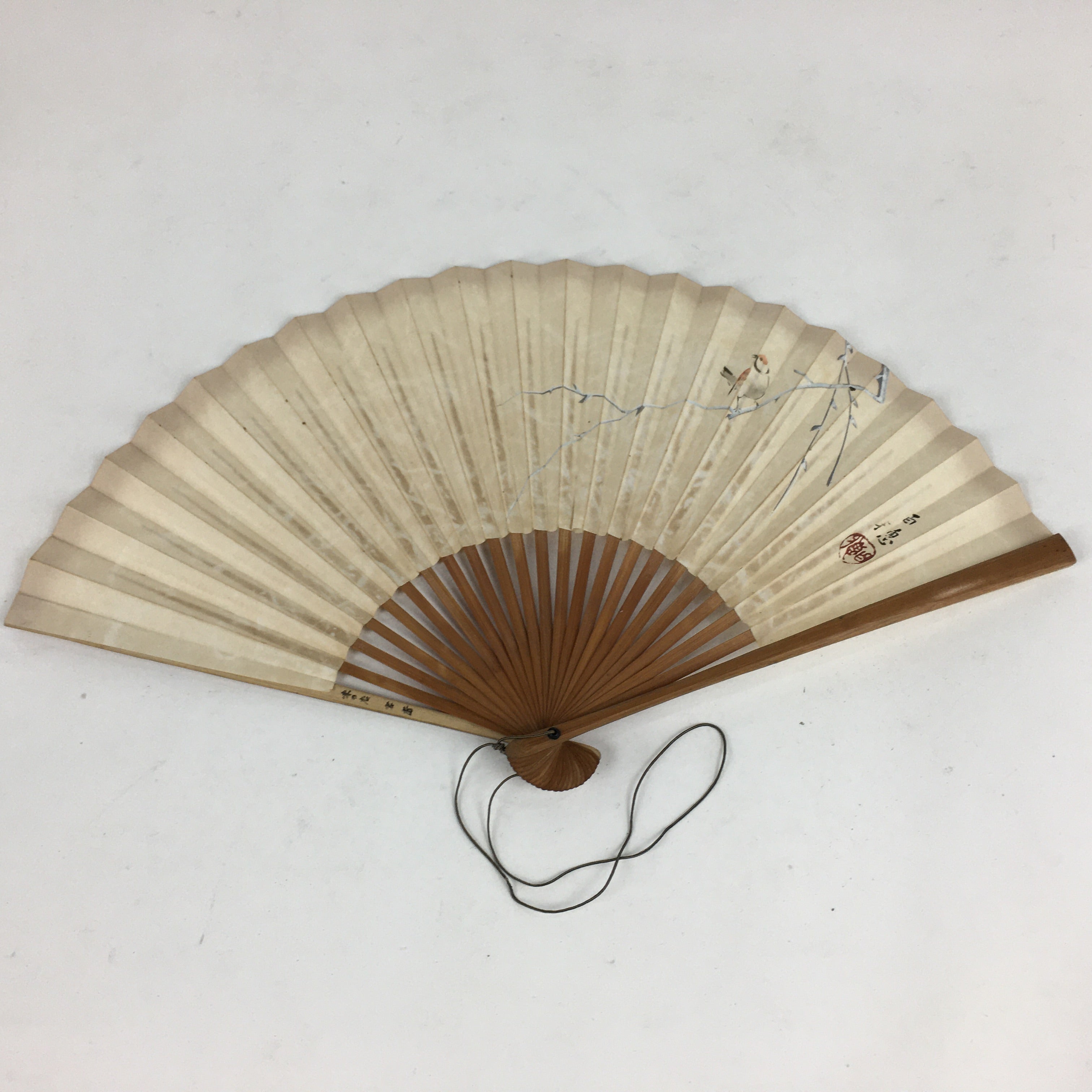 Japanese Folding Fan Vtg Sensu Vtg Paper Bamboo Frame Sparrow 4D548
