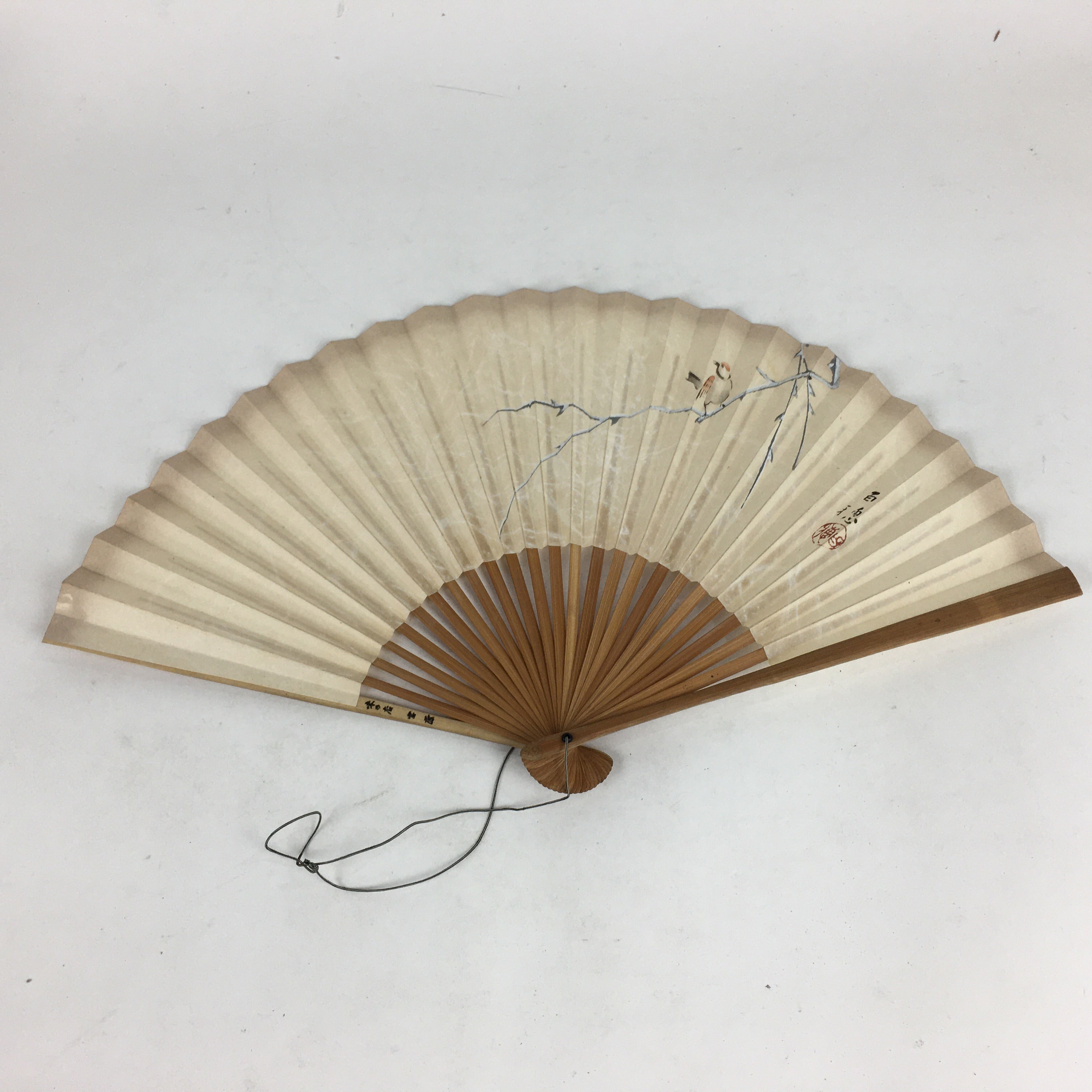 Japanese Folding Fan Vtg Sensu Vtg Paper Bamboo Frame Sparrow 4D551