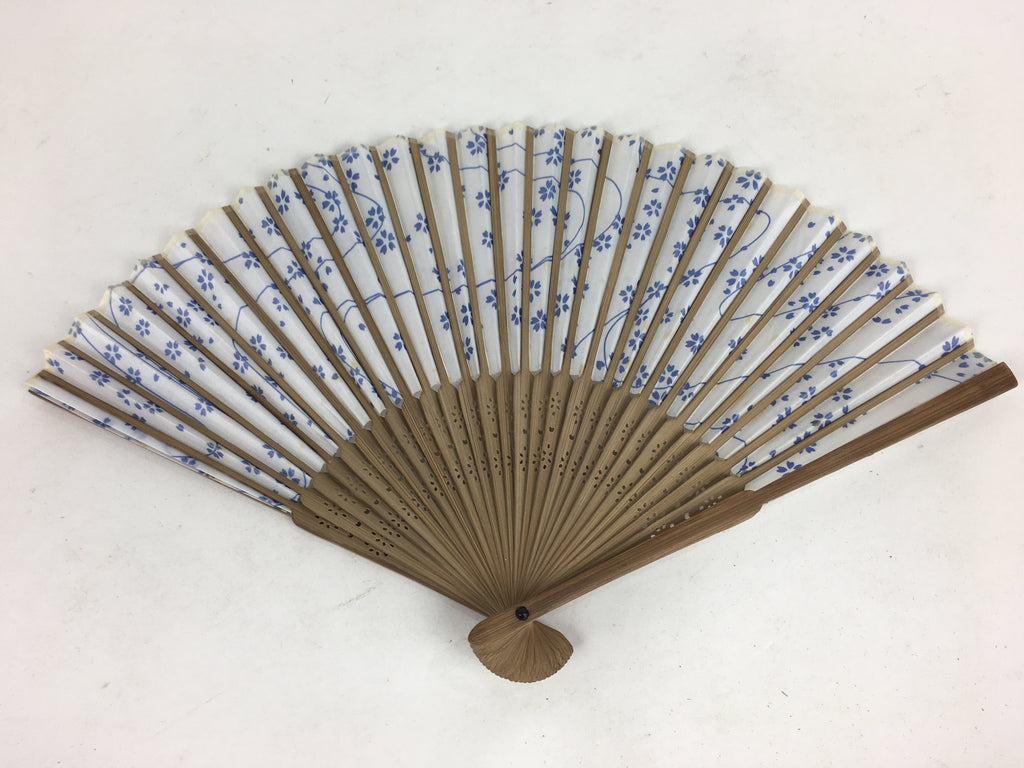 Japanese Folding Fan Vtg Sensu White Fabric Bamboo Frame Blue Flower 4D528