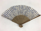 Japanese Folding Fan Vtg Sensu White Fabric Bamboo Frame Blue Flower 4D528