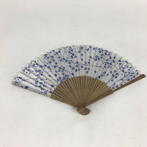 Japanese Folding Fan Vtg Sensu White Fabric Bamboo Frame Blue Flower 4D528
