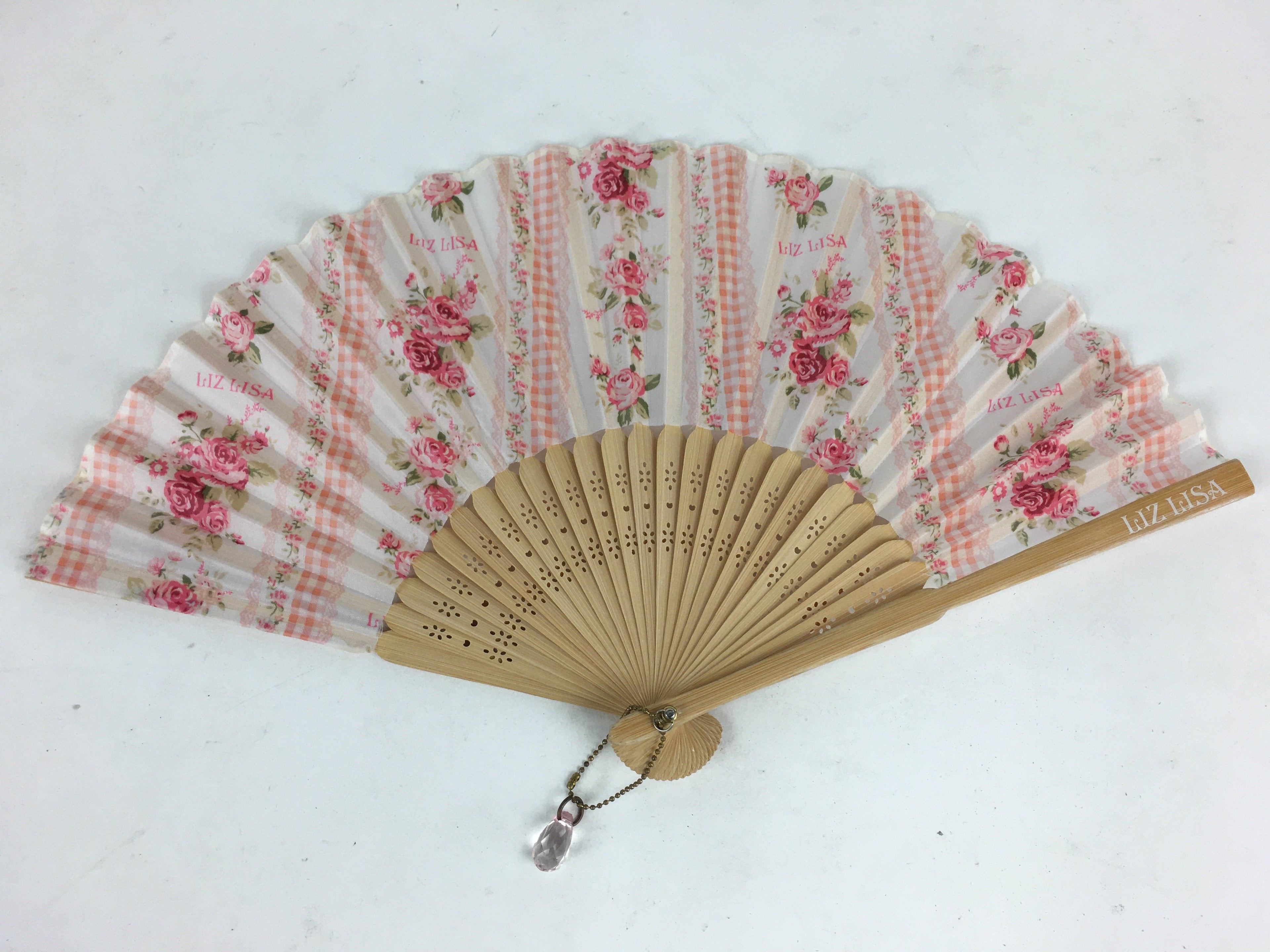 Japanese Folding Fan Vtg Sensu White Fabric Bamboo Frame Pink Flower 4D543