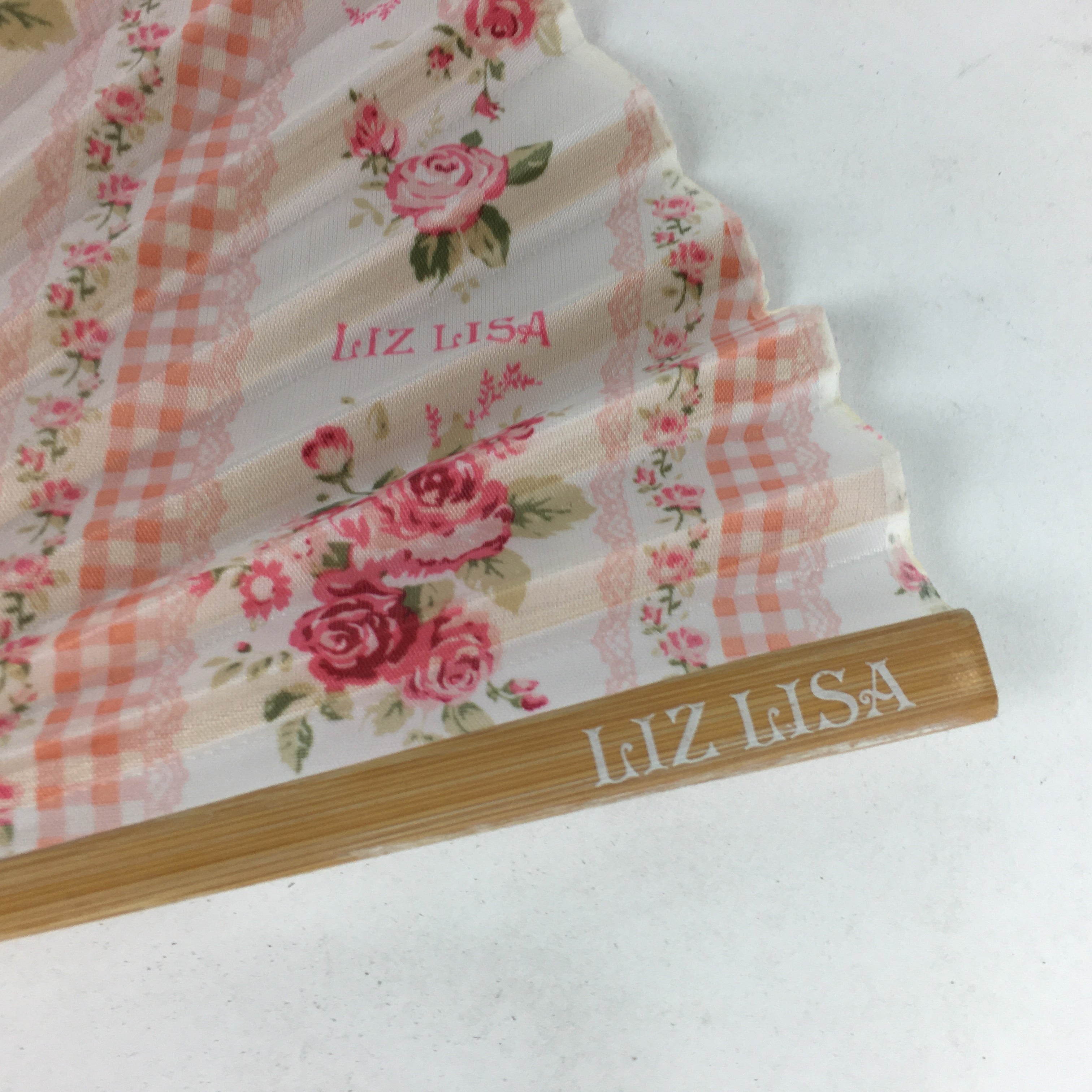 Japanese Folding Fan Vtg Sensu White Fabric Bamboo Frame Pink Flower 4D543