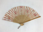 Japanese Folding Fan Vtg Sensu White Fabric Bamboo Frame Pink Flower 4D543