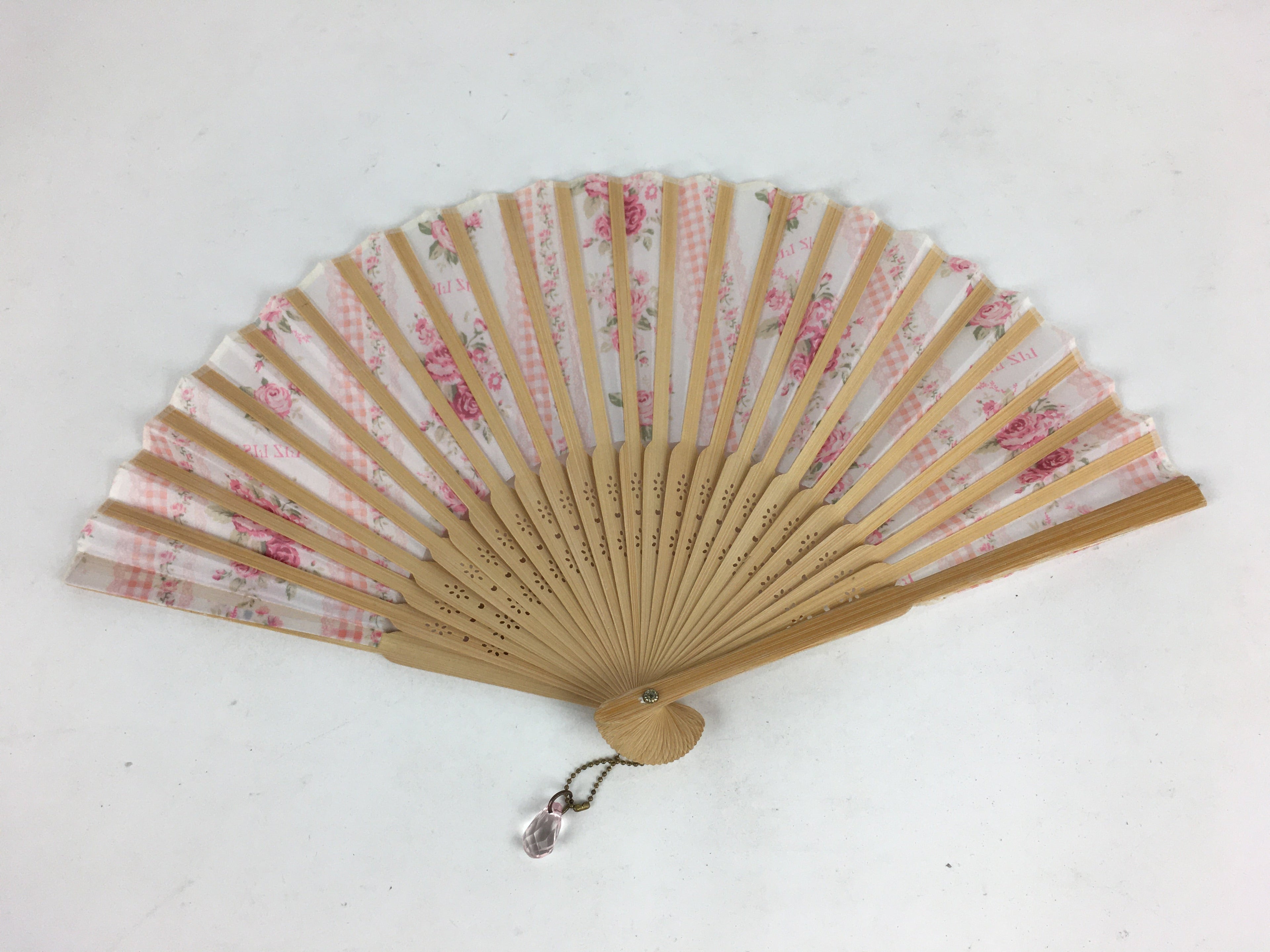 Japanese Folding Fan Vtg Sensu White Fabric Bamboo Frame Pink Flower 4D543