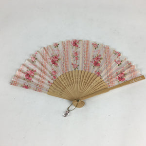 Japanese Folding Fan Vtg Sensu White Fabric Bamboo Frame Pink Flower 4D543