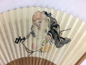 Japanese Folding Fan Vtg Sensu White Paper Bamboo Frame God Jurojin 4D556