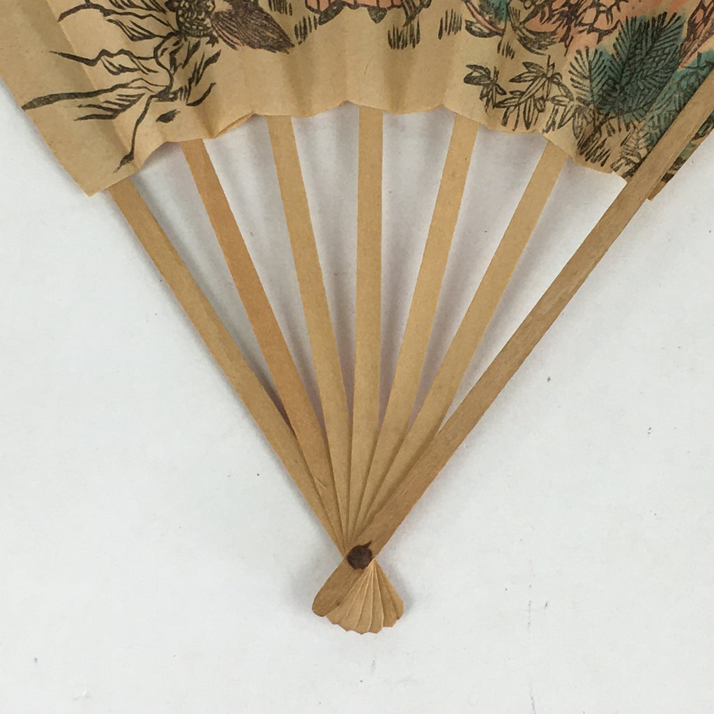Japanese Folding Fan Vtg Sensu Wood Frame Paper Picture of Takasago 4D604