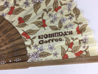 Japanese Folding Fan Vtg Sensu Yellow Fabric Bamboo Frame Komeda Coffee 4D545