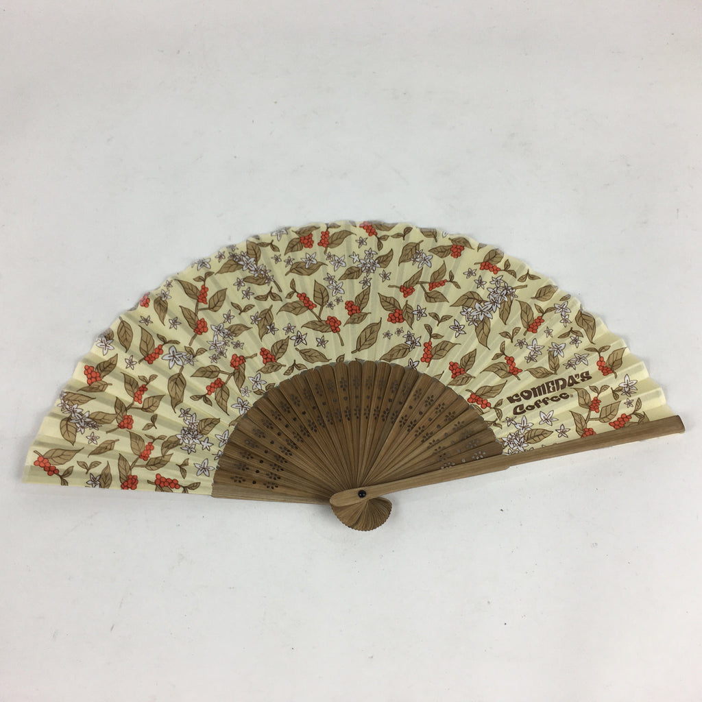 Japanese Folding Fan Vtg Sensu Yellow Fabric Bamboo Frame Komeda Coffee 4D545