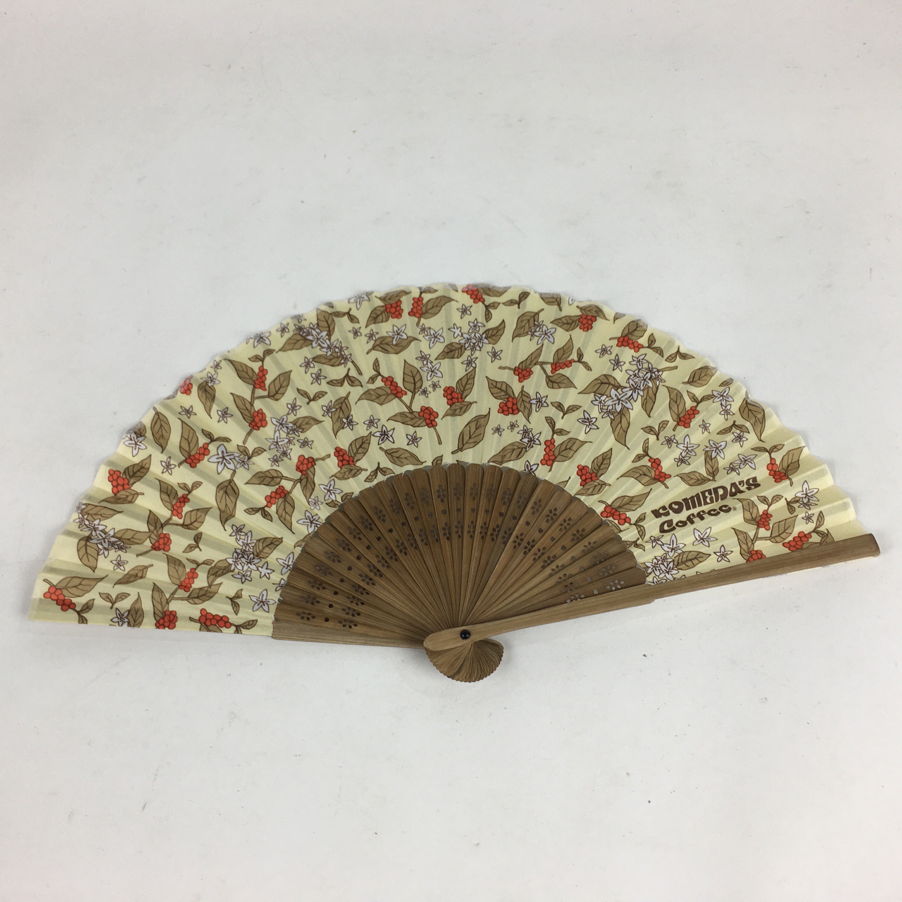 Japanese Folding Fan Vtg Sensu Yellow Fabric Bamboo Frame Komeda Coffee 4D545