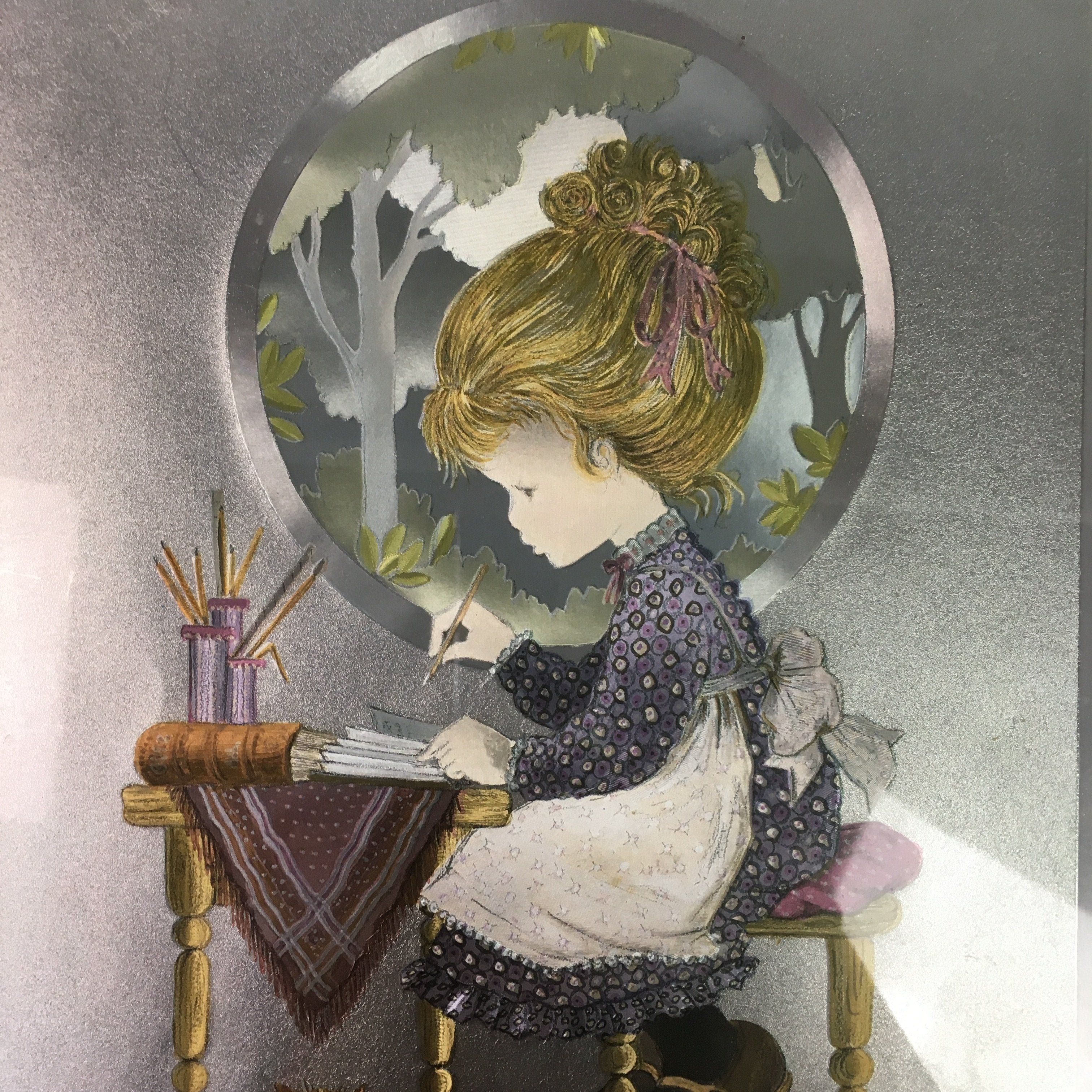 Japanese Framed Metallic Foil Art Print Vtg Girl Cat Silver Blue J824