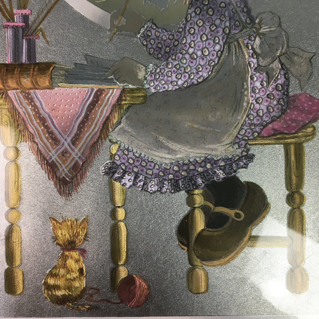 Japanese Framed Metallic Foil Art Print Vtg Girl Cat Silver Blue J824