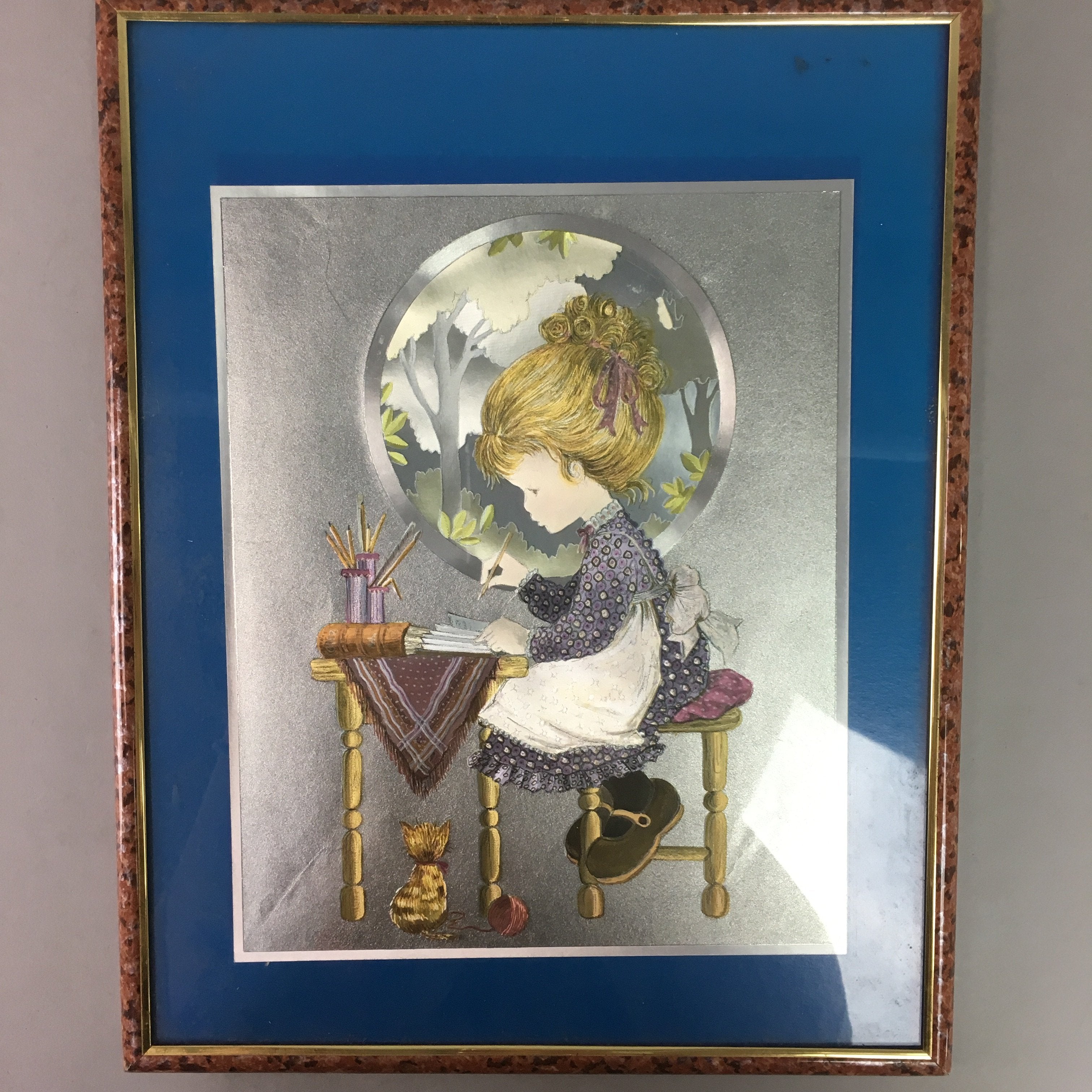 Japanese Framed Metallic Foil Art Print Vtg Girl Cat Silver Blue J824