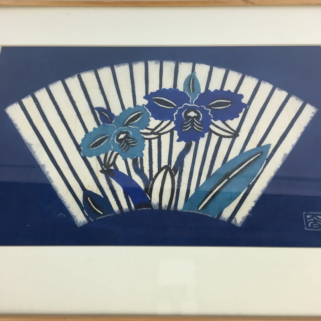 Japanese Framed Washi Paper Formwork Dyeing Vtg Kata-e Zome Blue FL58
