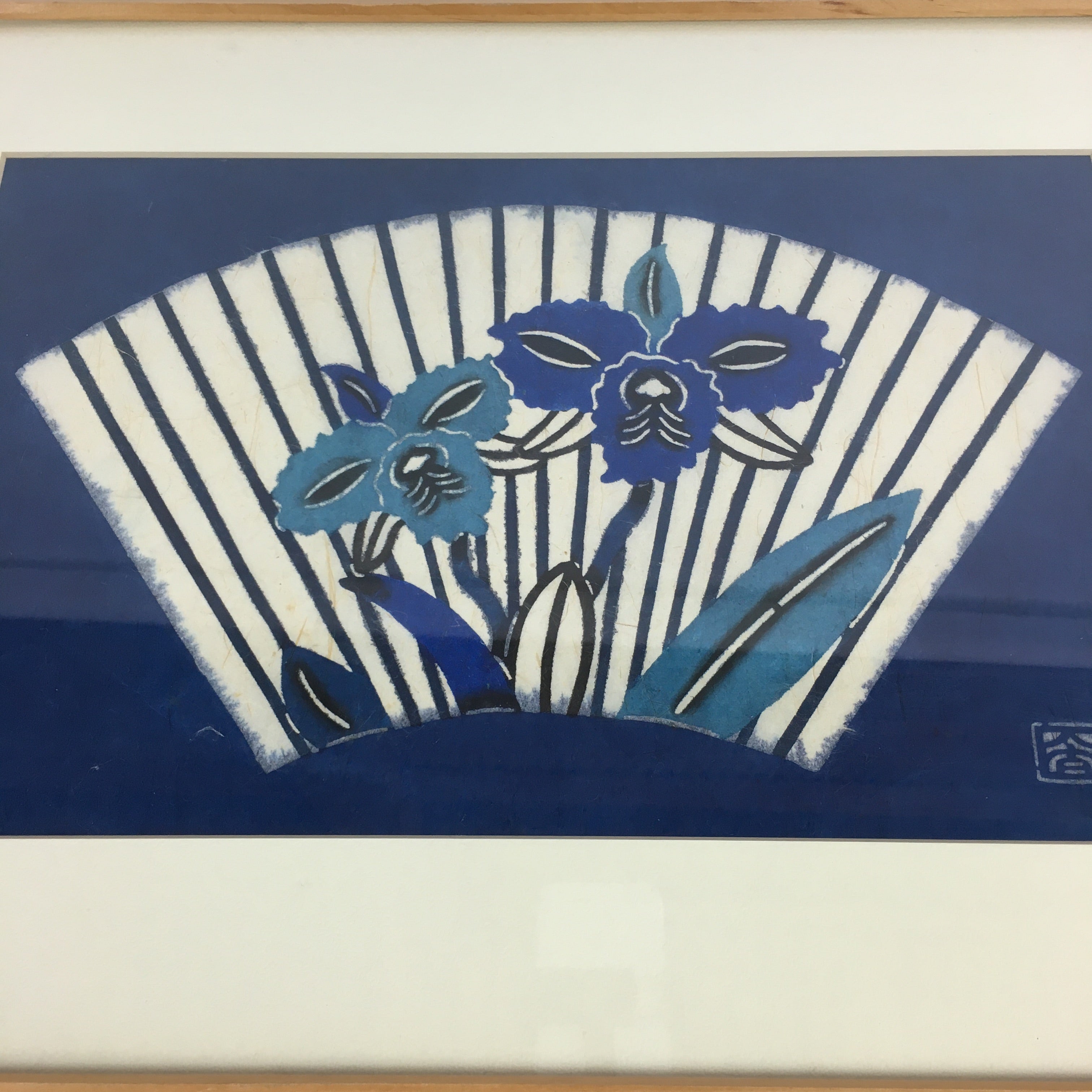 Japanese Framed Washi Paper Formwork Dyeing Vtg Kata-e Zome Blue FL58