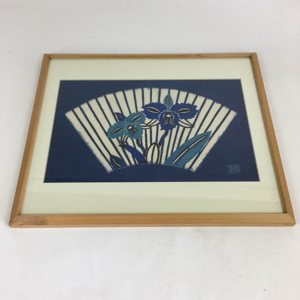 Japanese Framed Washi Paper Formwork Dyeing Vtg Kata-e Zome Blue FL58