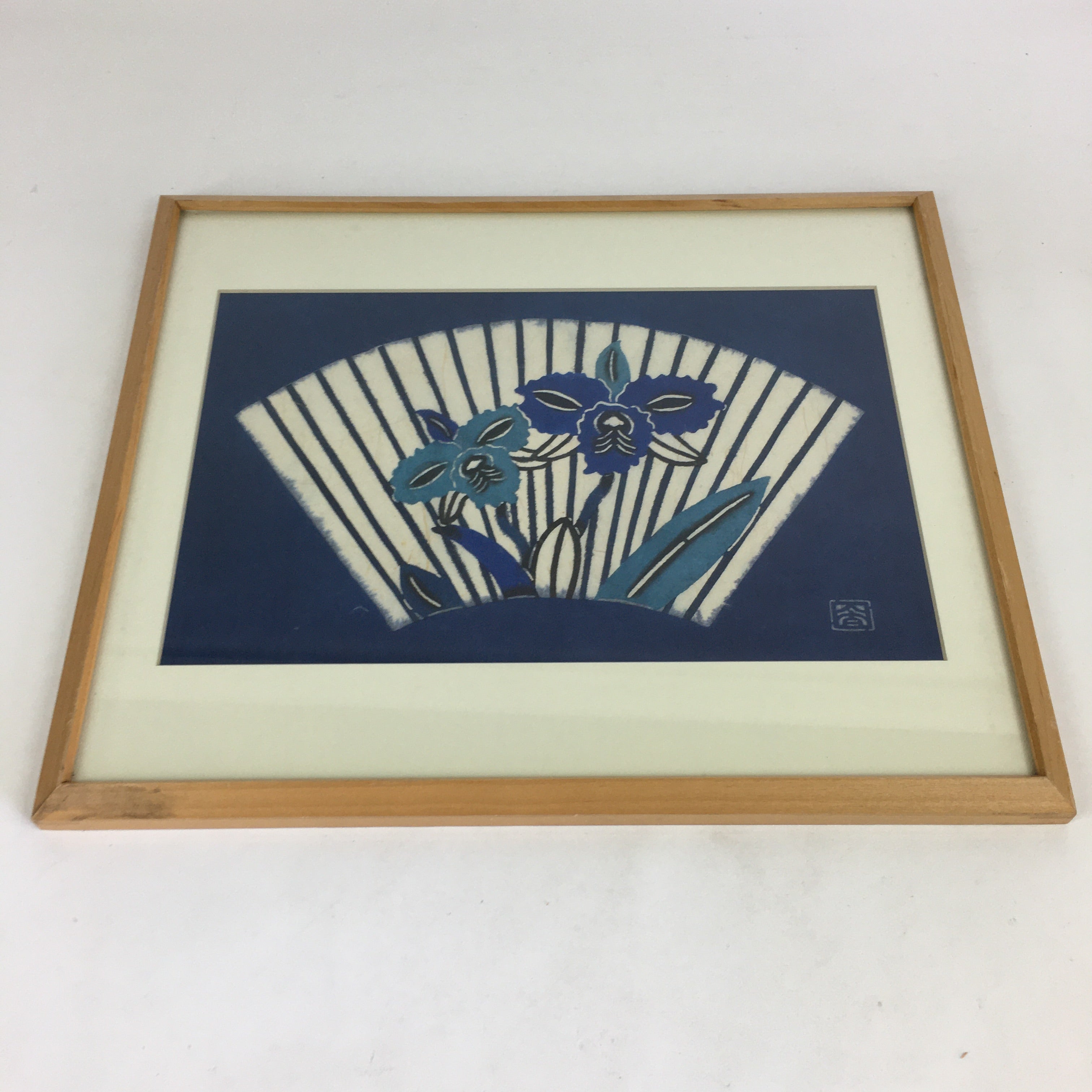 Japanese Framed Washi Paper Formwork Dyeing Vtg Kata-e Zome Blue FL58
