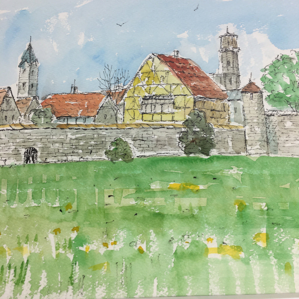 Japanese Framed Watercolor Painting Vtg Dinkelsbühl Germany M.Ueda FL57