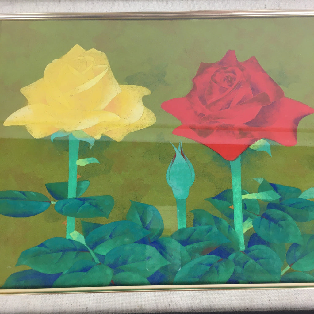 Japanese Framed painting Picture Vtg Mitsuji Asaoda Red Yellow Rose FL53
