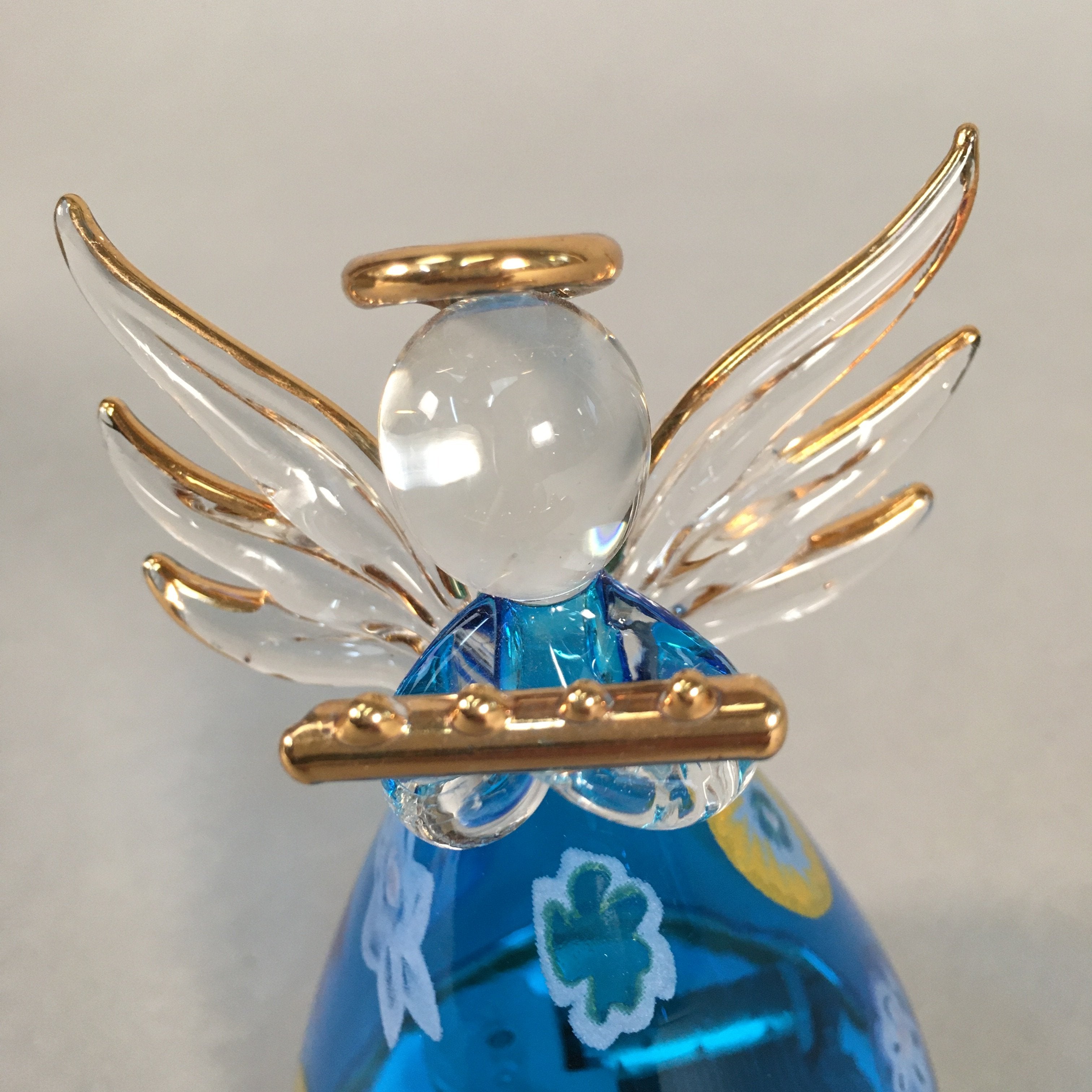 Japanese Galss Music Box Vtg Angel Figurine Blue Wing Hokkaido Otaru JK124