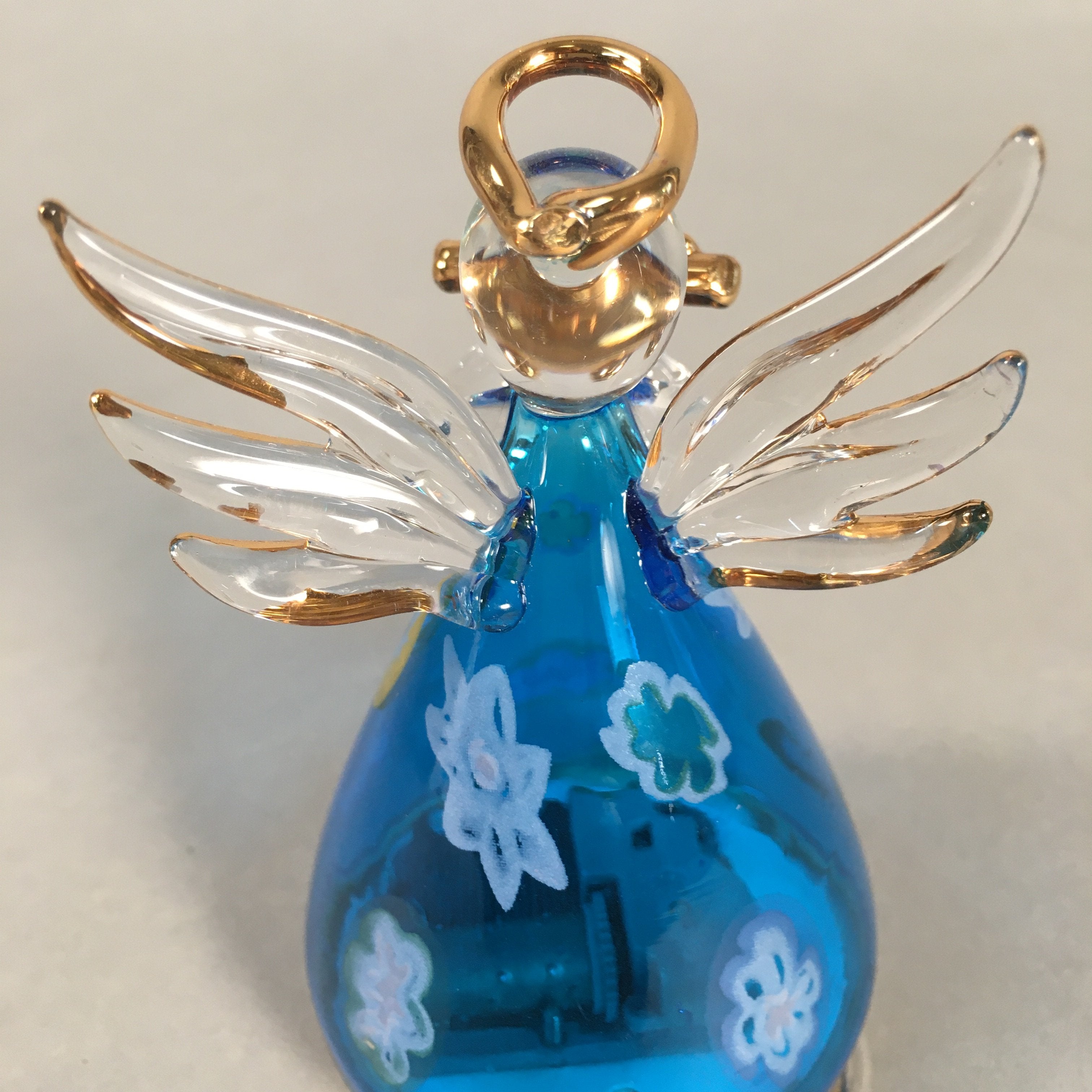 Japanese Galss Music Box Vtg Angel Figurine Blue Wing Hokkaido Otaru JK124