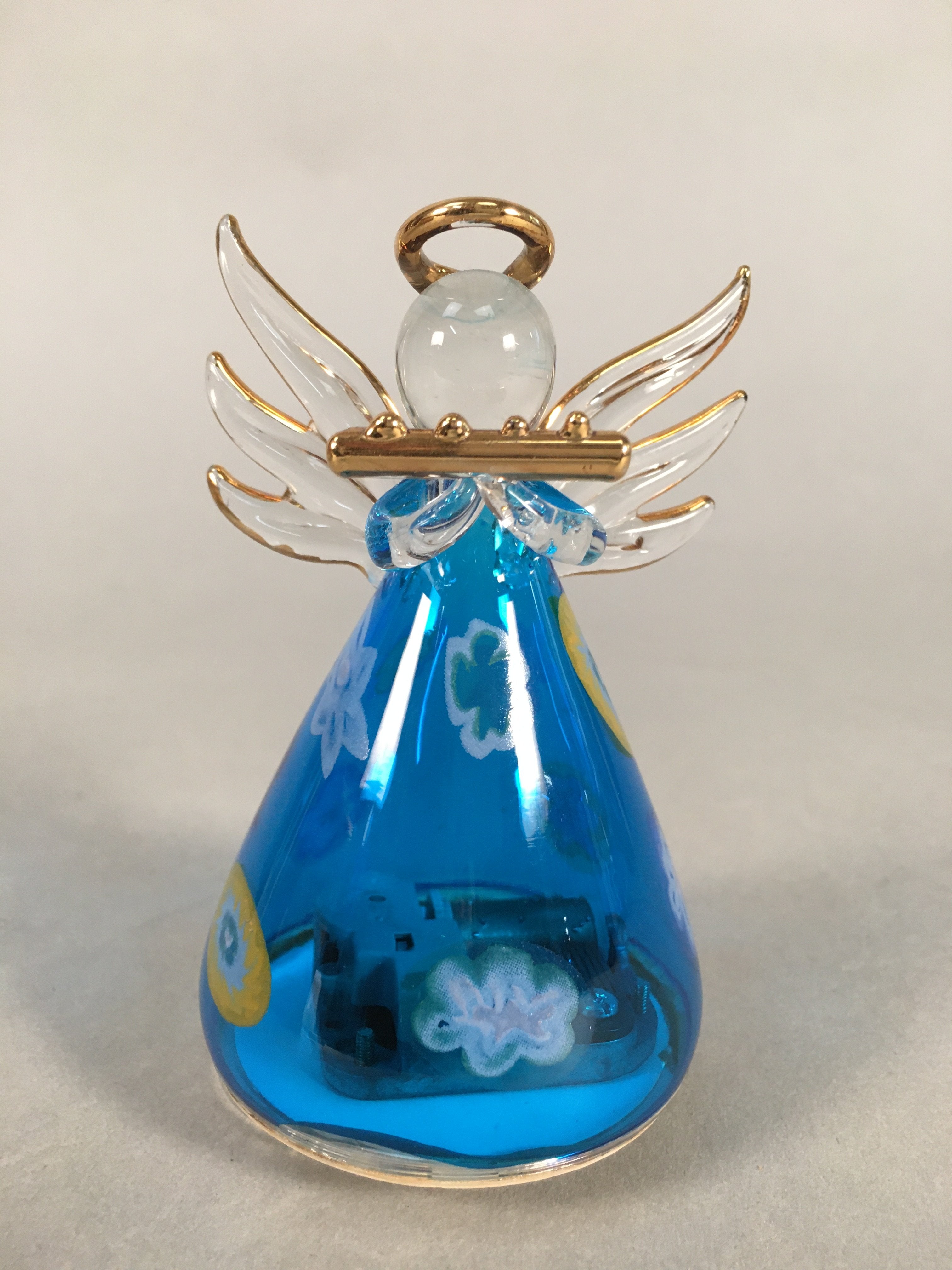 Japanese Galss Music Box Vtg Angel Figurine Blue Wing Hokkaido Otaru JK124