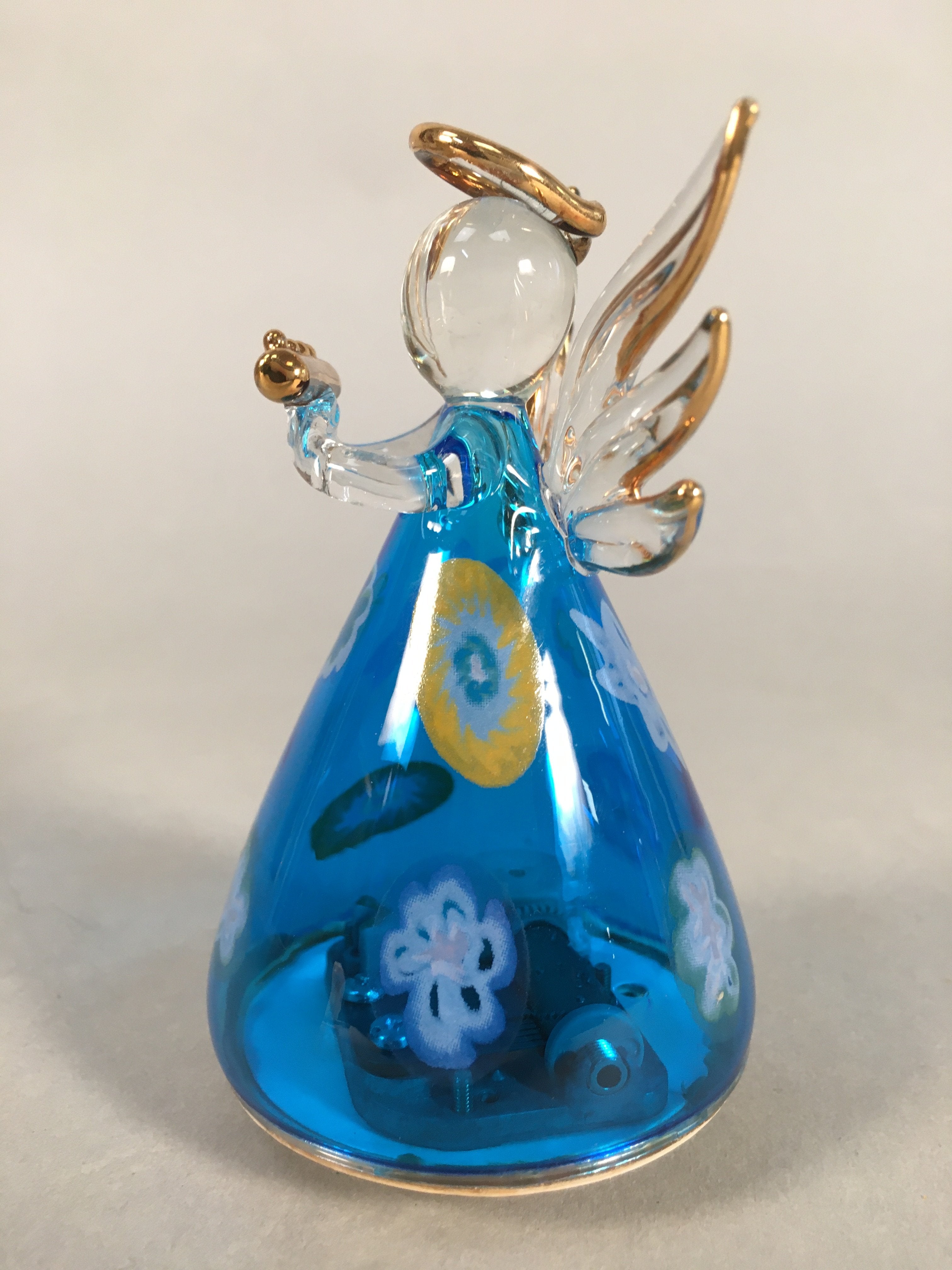Japanese Galss Music Box Vtg Angel Figurine Blue Wing Hokkaido Otaru JK124