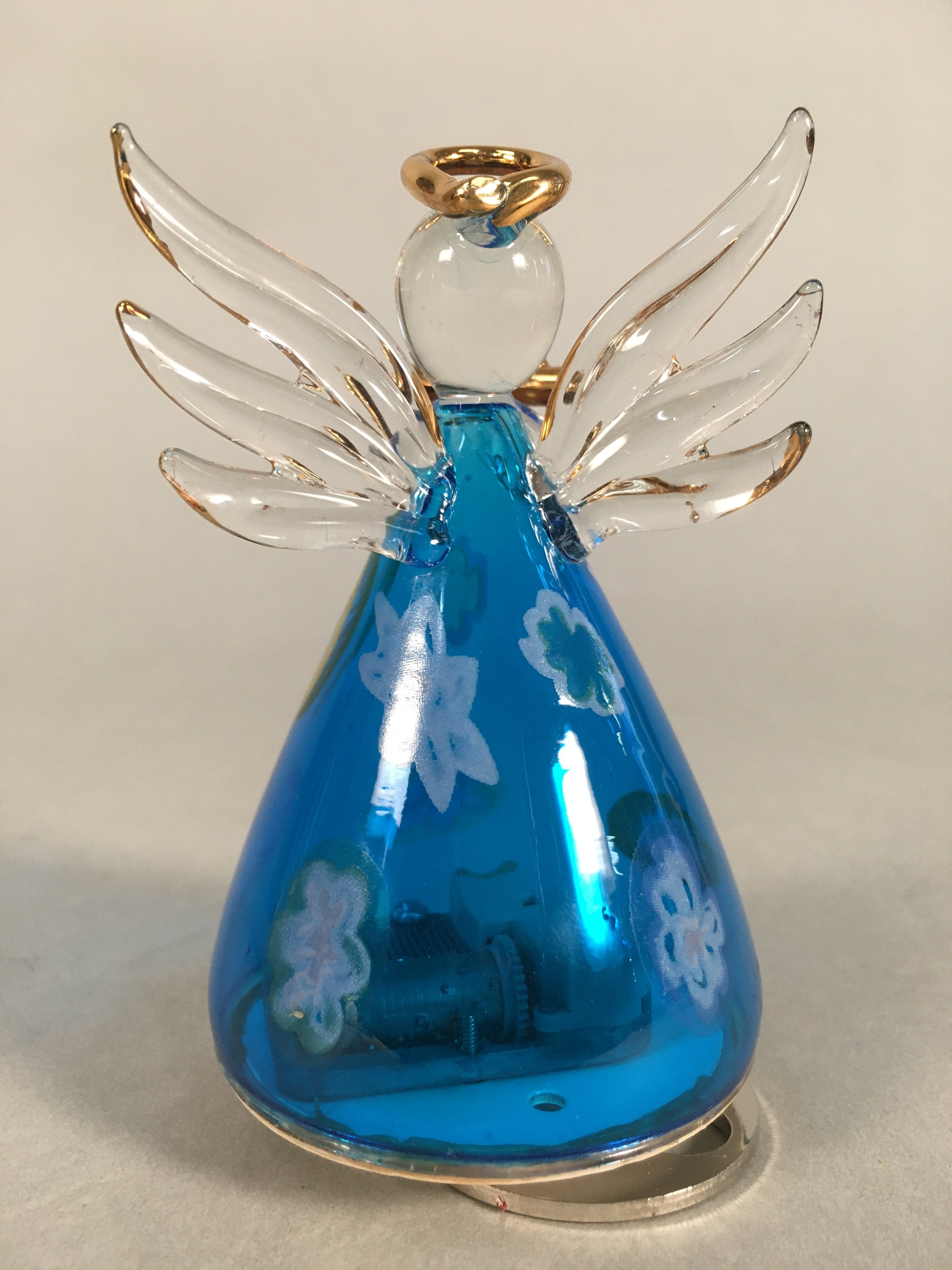 Japanese Galss Music Box Vtg Angel Figurine Blue Wing Hokkaido Otaru JK124