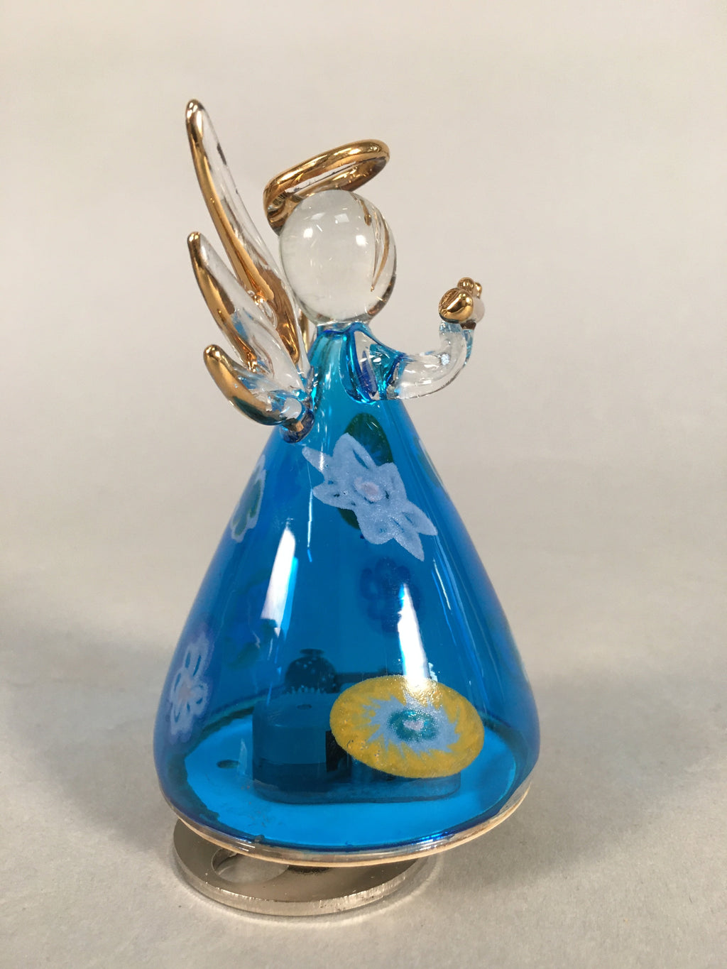 Japanese Galss Music Box Vtg Angel Figurine Blue Wing Hokkaido Otaru JK124