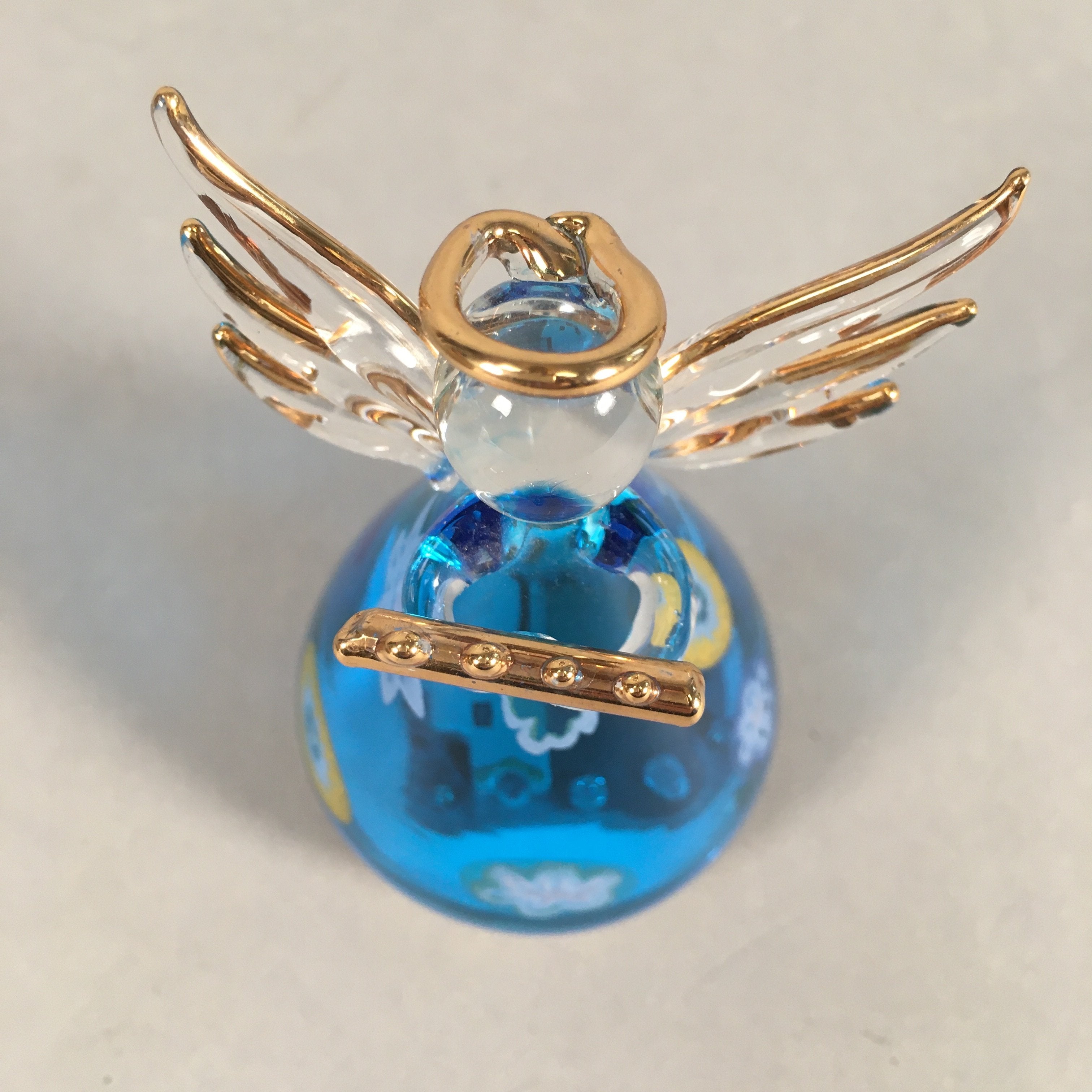Japanese Galss Music Box Vtg Angel Figurine Blue Wing Hokkaido Otaru JK124