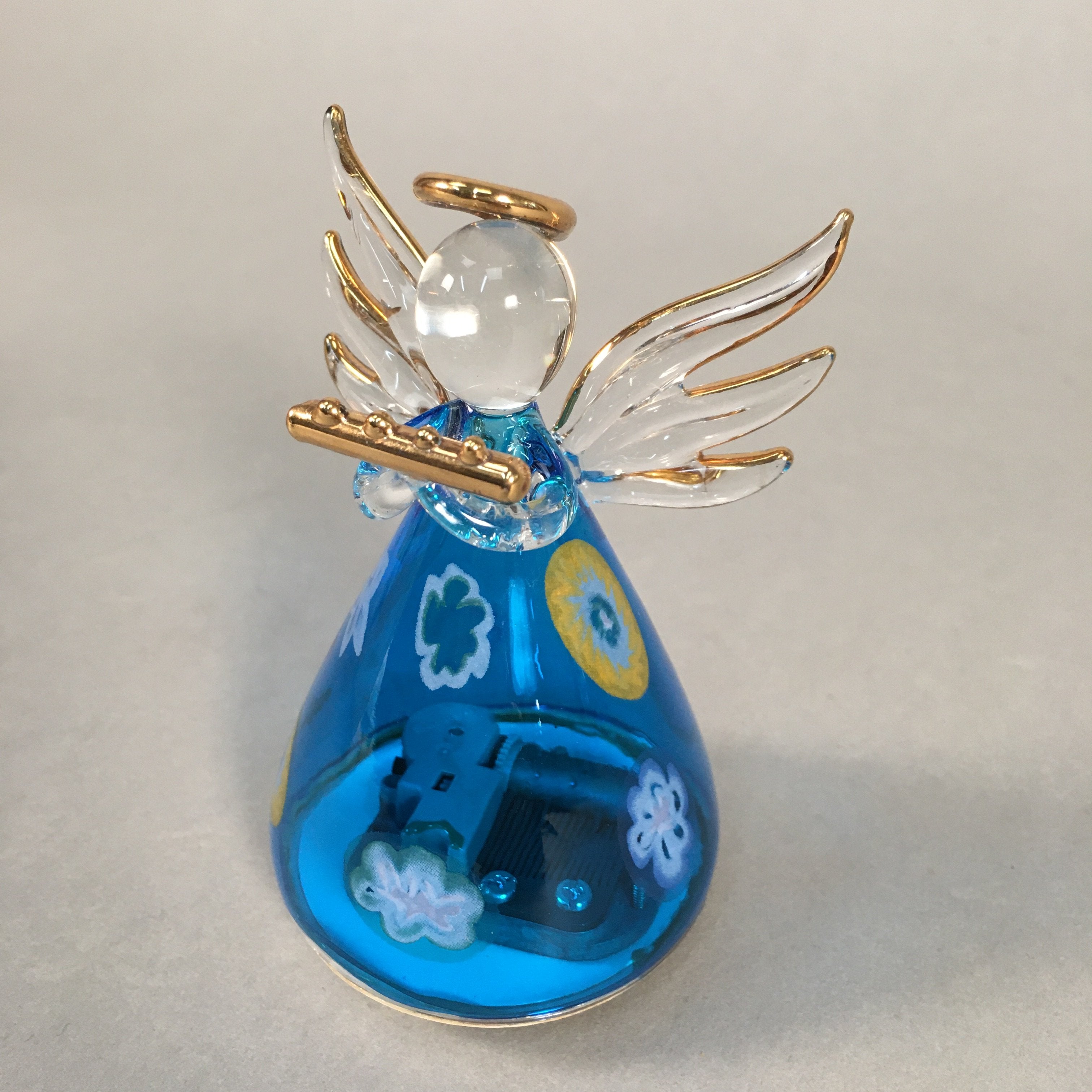 Japanese Galss Music Box Vtg Angel Figurine Blue Wing Hokkaido Otaru JK124
