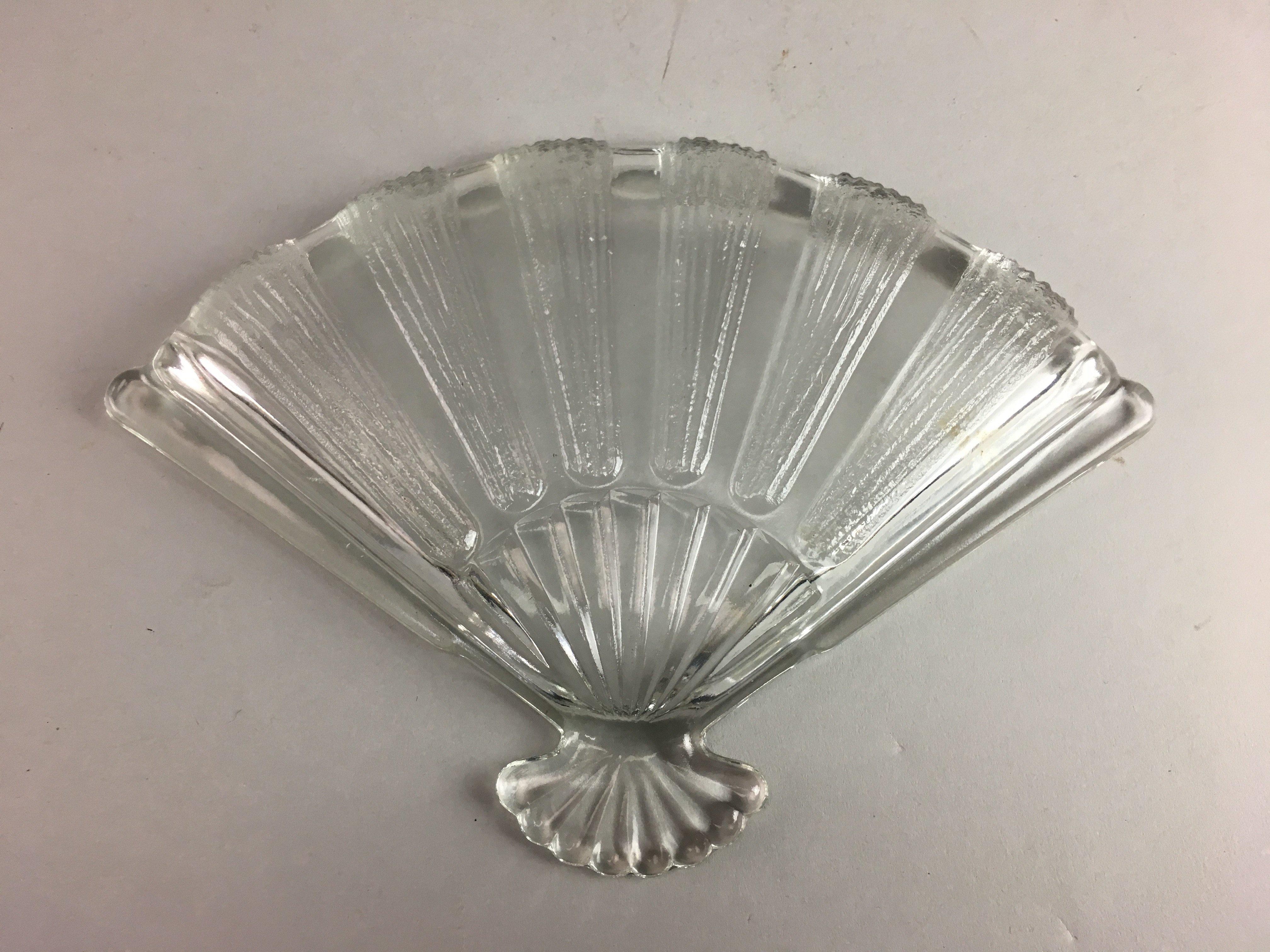 Japanese Glass Folding Fan Plate Vtg Sensu Shaped Clear Sushi Sweets QT39