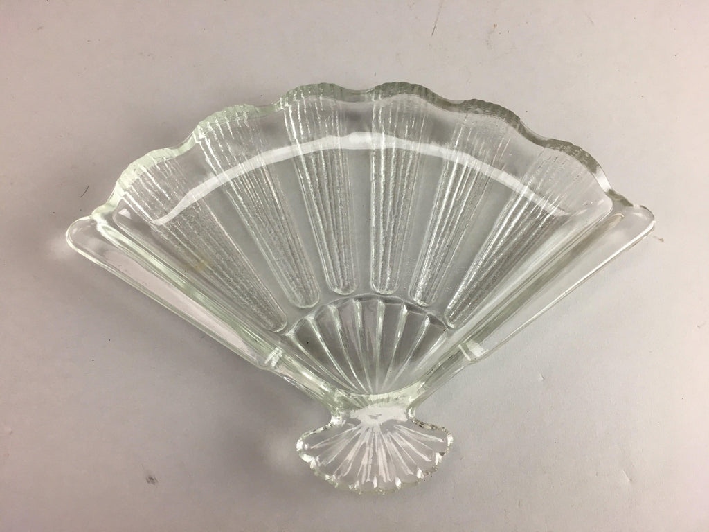 Japanese Glass Folding Fan Plate Vtg Sensu Shaped Clear Sushi Sweets QT39