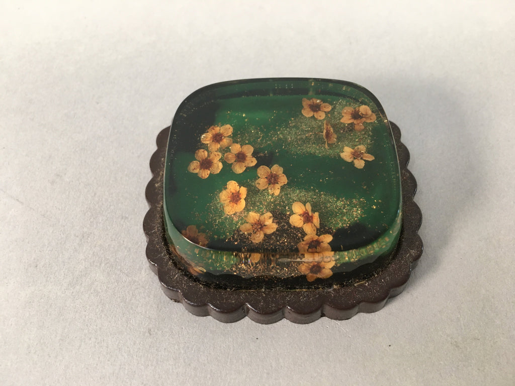 Japanese Glass Paperweight Vtg Dried Flower Green Metal Yellow Gold JK168