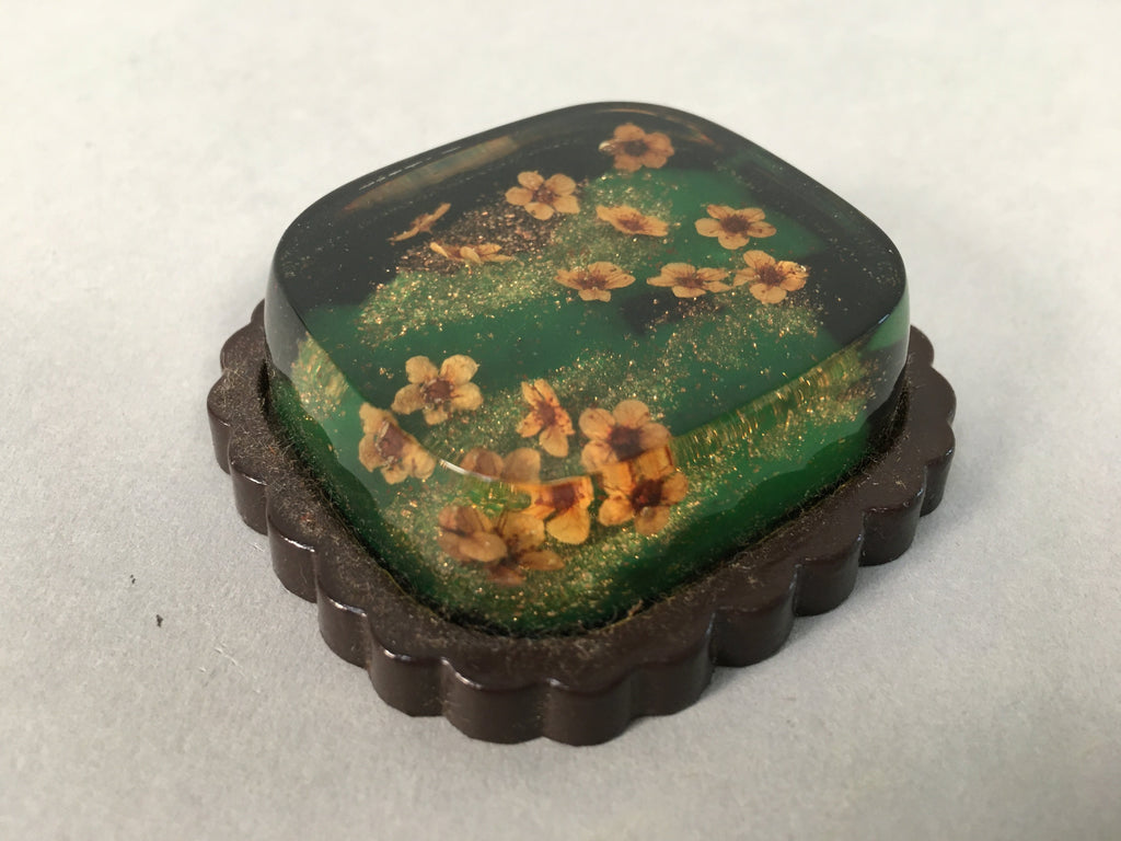 Japanese Glass Paperweight Vtg Dried Flower Green Metal Yellow Gold JK168